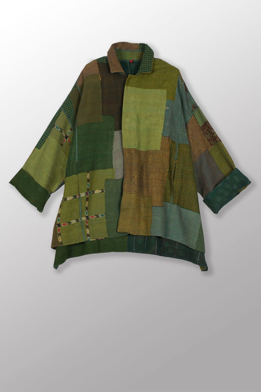 FRAYED PATCH MIX KANTHA OVERSIZED MINI COAT - fm4332-grn -