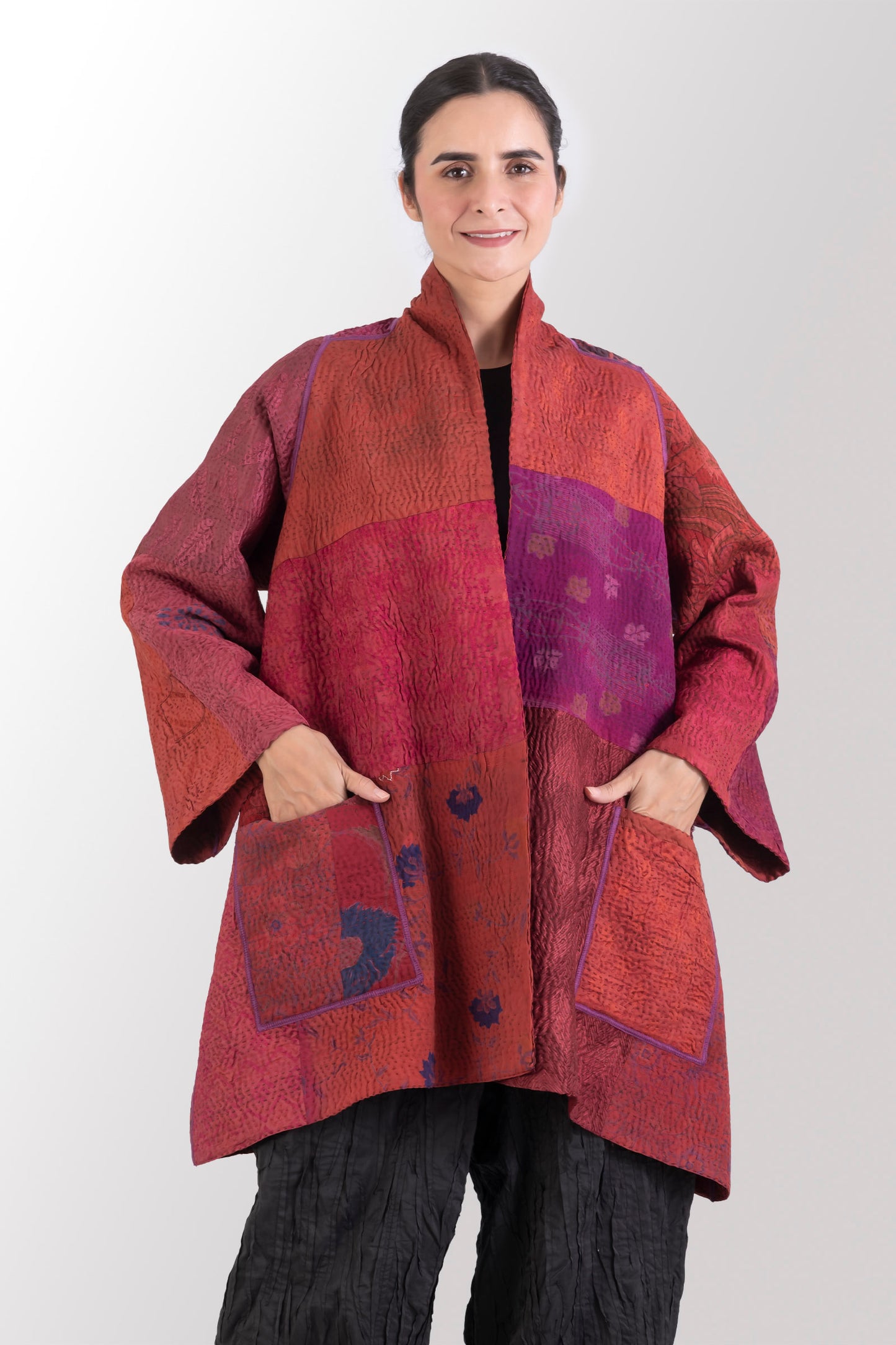 GEORGETTE JACQUARD VINTAGE SILK PATCH KANTHA A-LINE JACKET - gj4003-org -