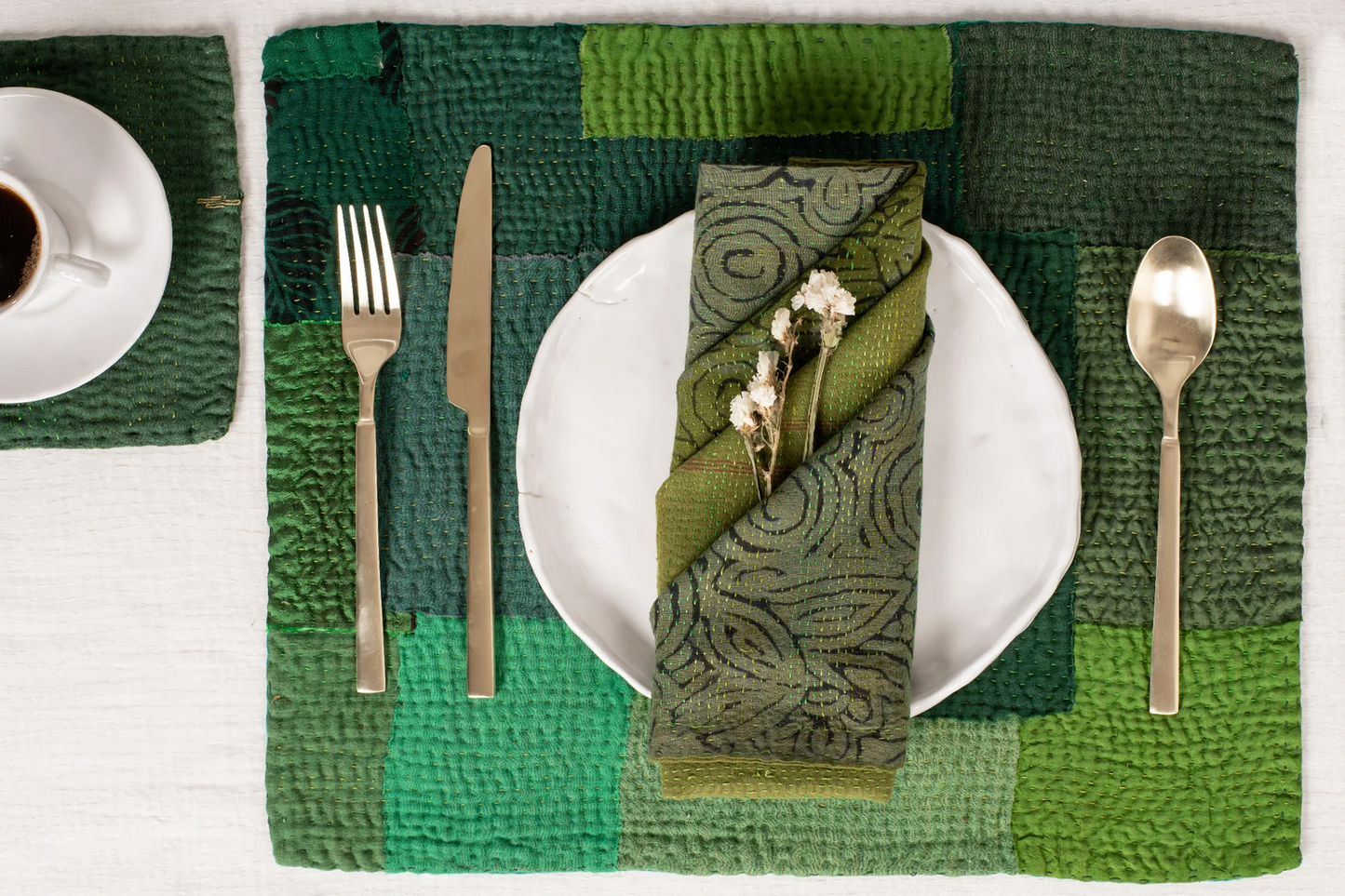 Landscape Handmade Vintage Kantha Placemat -Lime Green (SET OF 2)