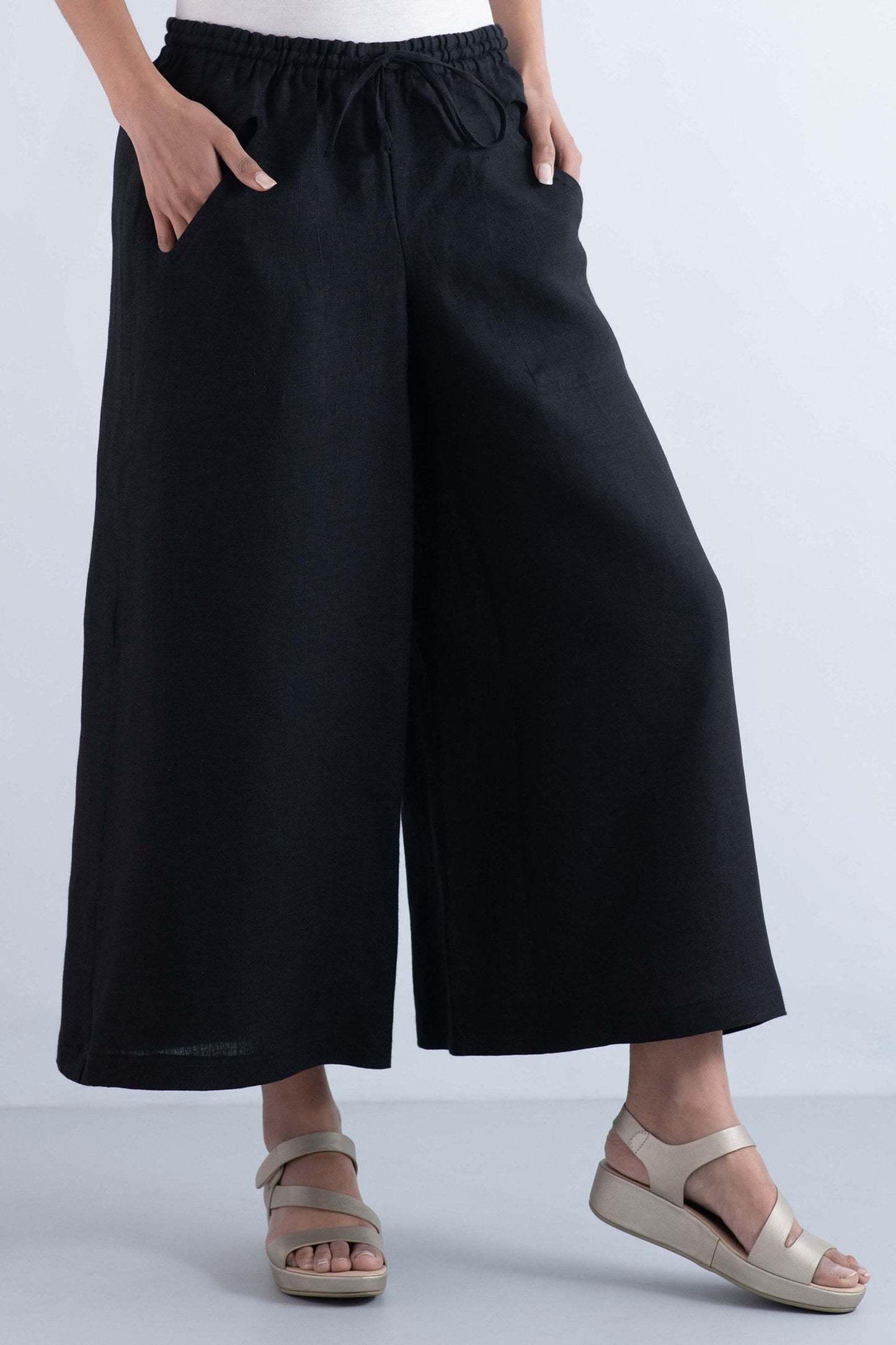 LINEN DRAW STRING GAUCHO - ln1627-blk -
