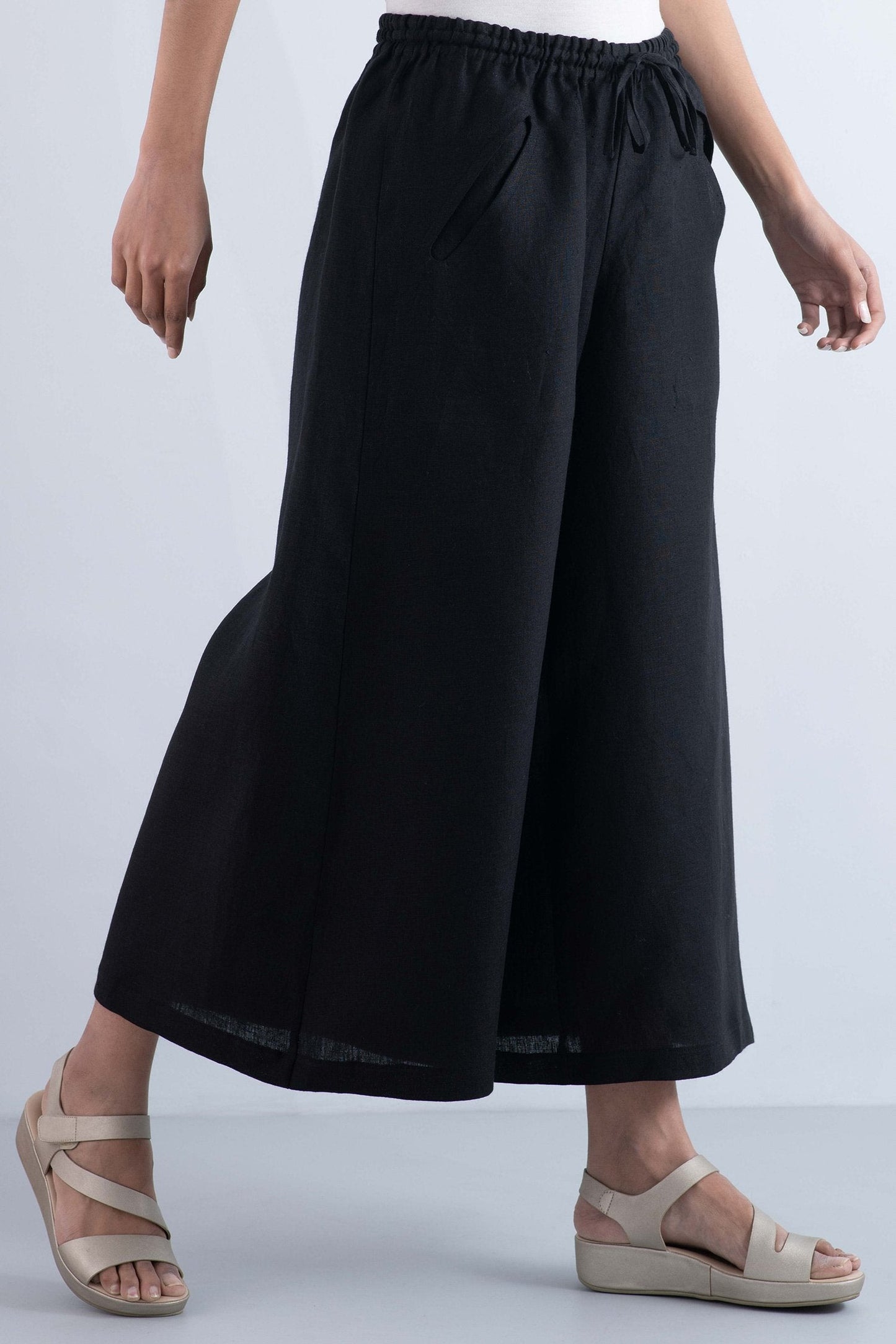 LINEN DRAW STRING GAUCHO - ln1627-blk -
