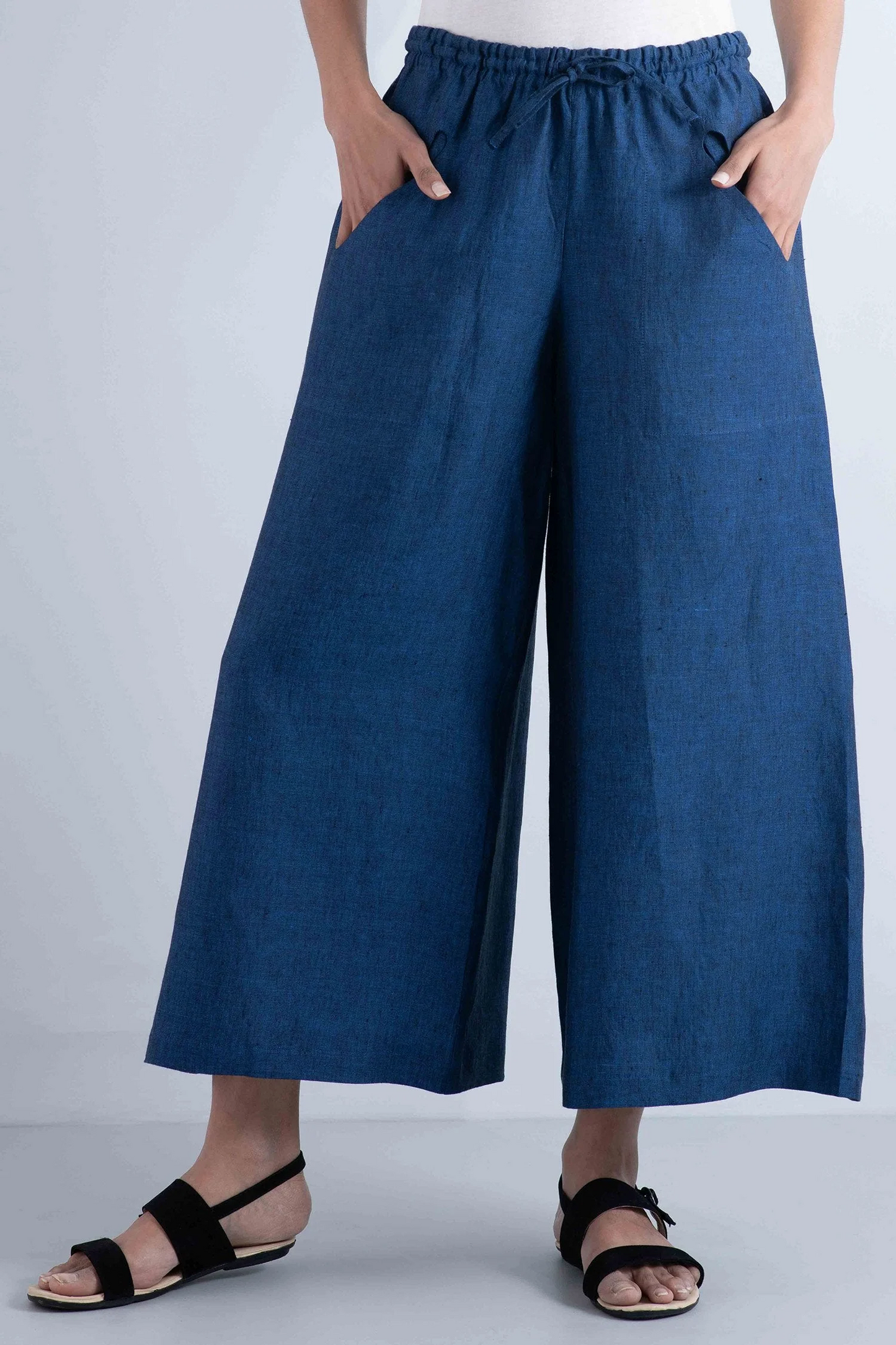 LINEN DRAW STRING GAUCHO - ln1627-nvy -