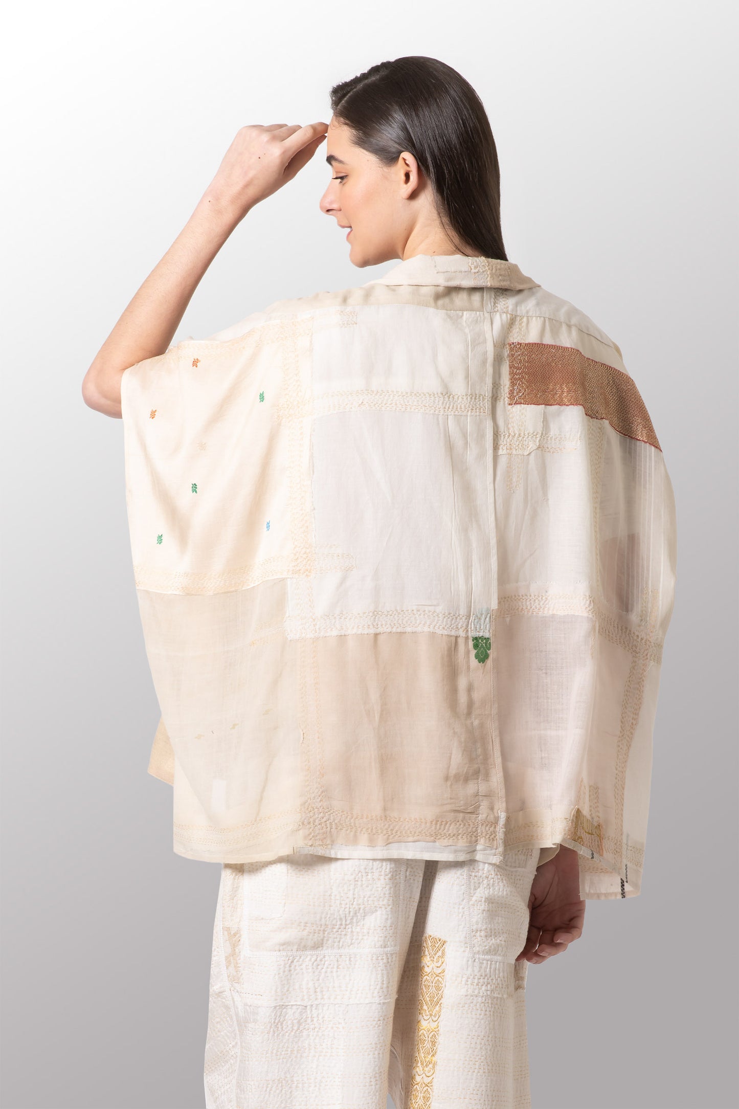 MOSAIC TILE PATCH KANTHA PONCHO TOP - mt1568-ivy -