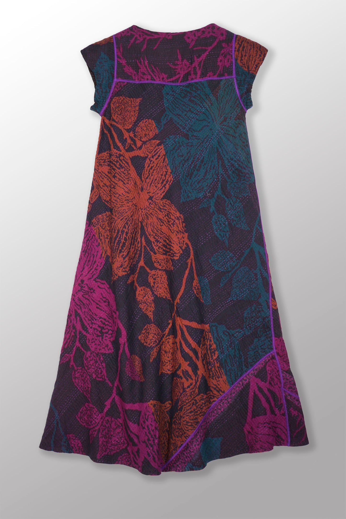 NIGHT FLOWERS KANTHA CAP SLV. SEMI FLARE DRESS - nl4452-prp -