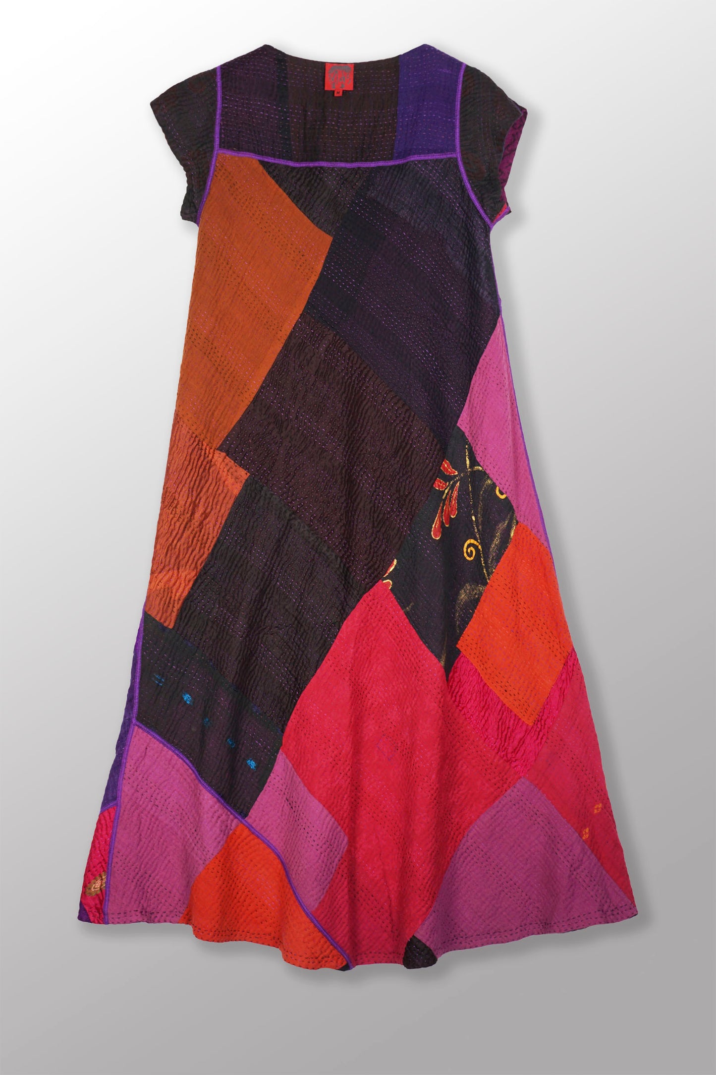 NIGHT FLOWERS KANTHA CAP SLV. SEMI FLARE DRESS - nl4452-prp -