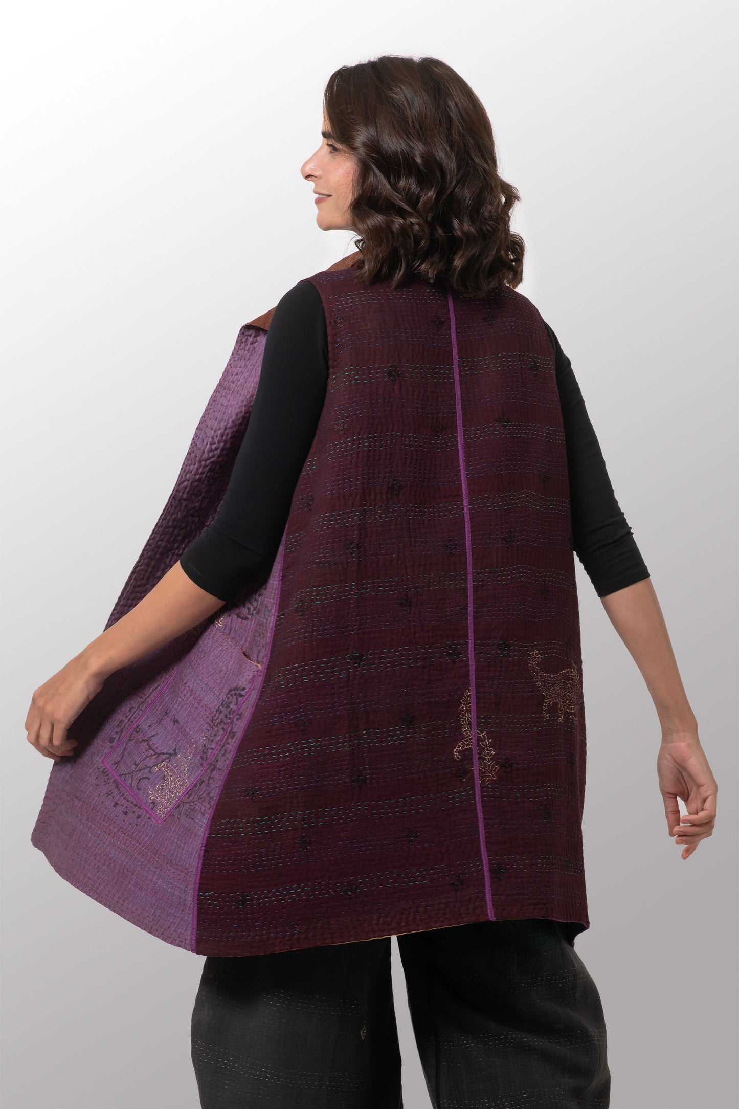 OMBRE PATCHED GOLD STAMP KANTHA WING COLLAR VEST - og4207-mlt -