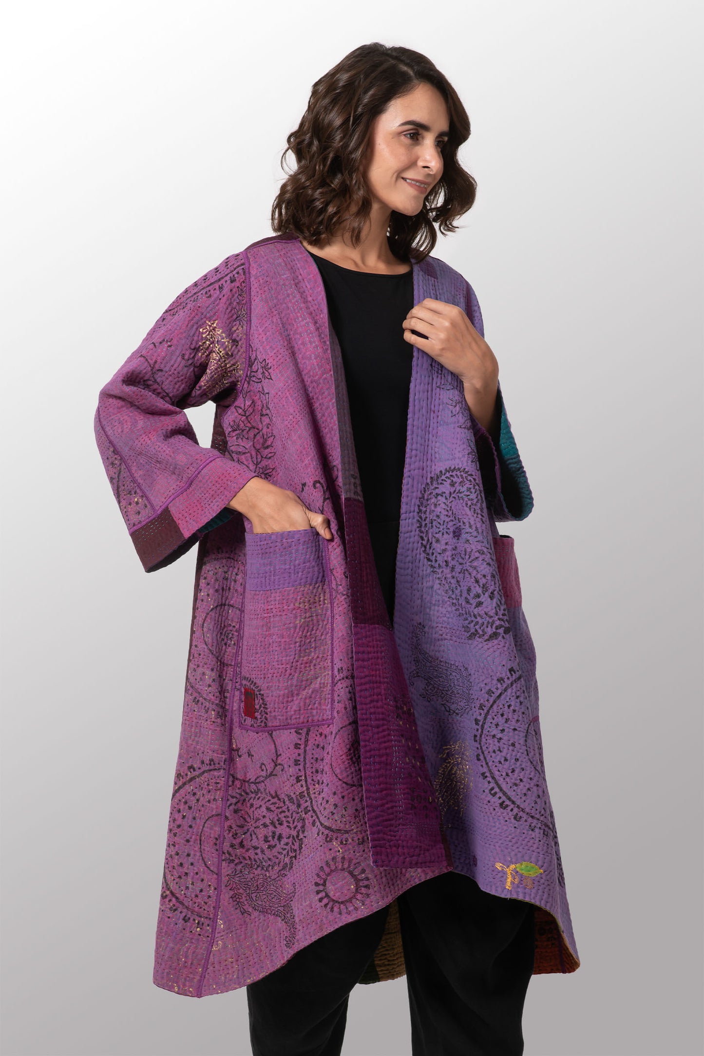 OMBRE PATCHED GOLD STAMP KANTHA WRAP FLARE COAT - og4330-mlt -