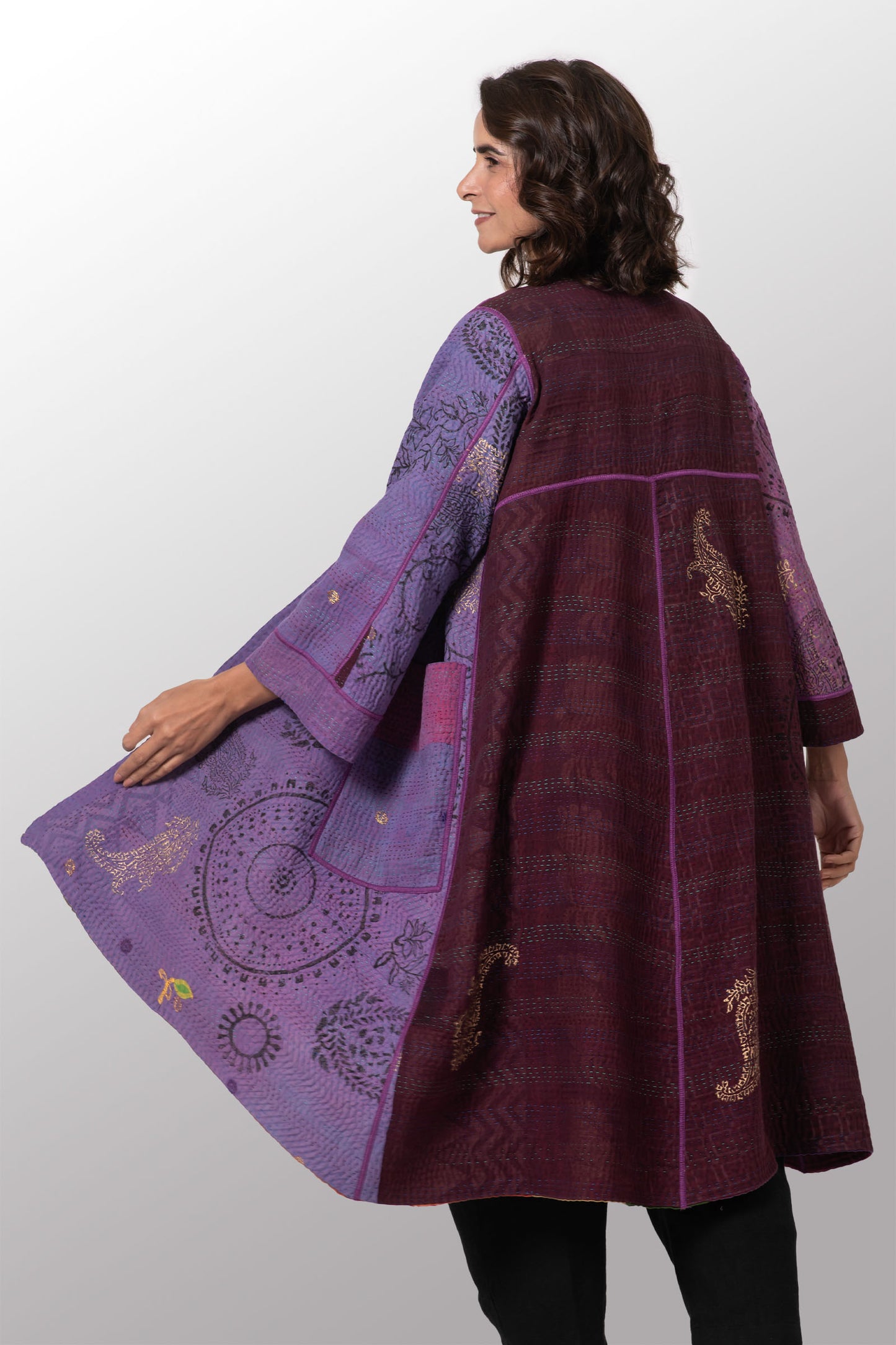 OMBRE PATCHED GOLD STAMP KANTHA WRAP FLARE COAT - og4330-mlt -