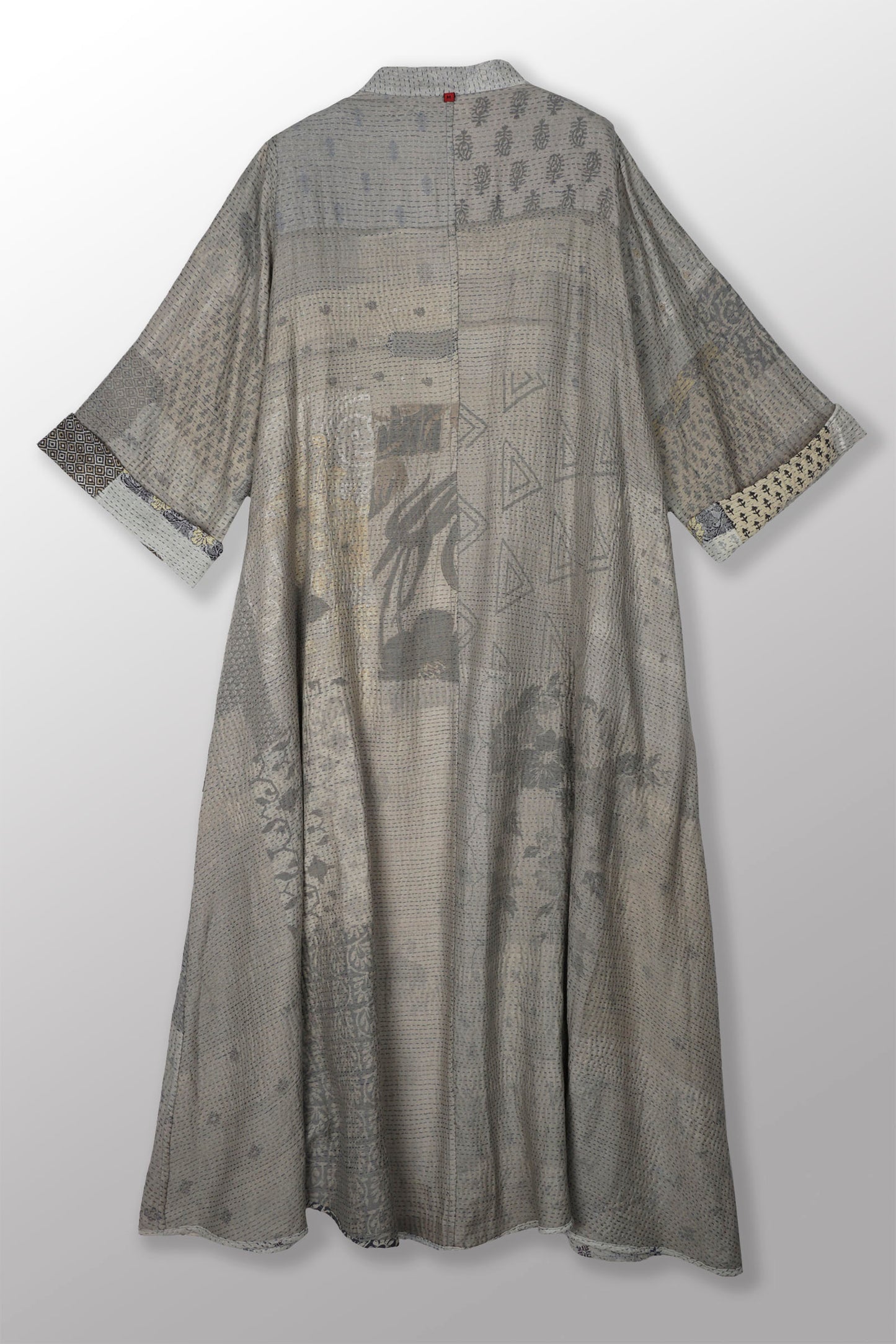 POWDER PATCH KANTHA V-NECK FLARE SLEEVE DRESS - pd2445-gry -