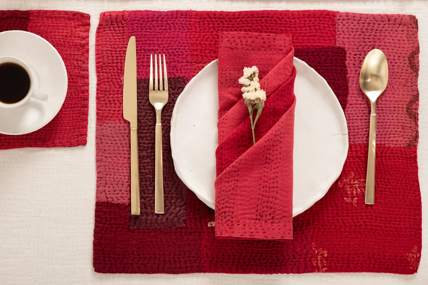 Landscape Handmade Vintage Kantha Placemat -Red (SET OF 2)