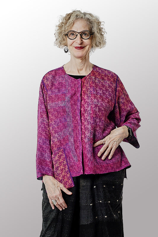 VINTAGE SILK GEORGETTE KANTHA A-LINE SHORT JKT - sg2019-0001a -