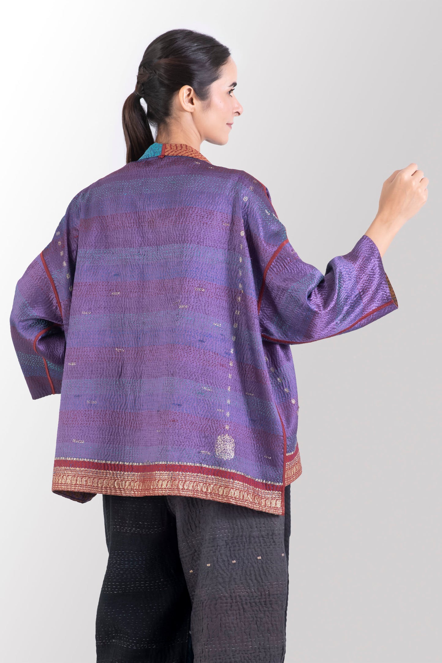 VINTAGE SILK GEORGETTE KANTHA MINI KIMONO JACKET - sg2055-0008a -