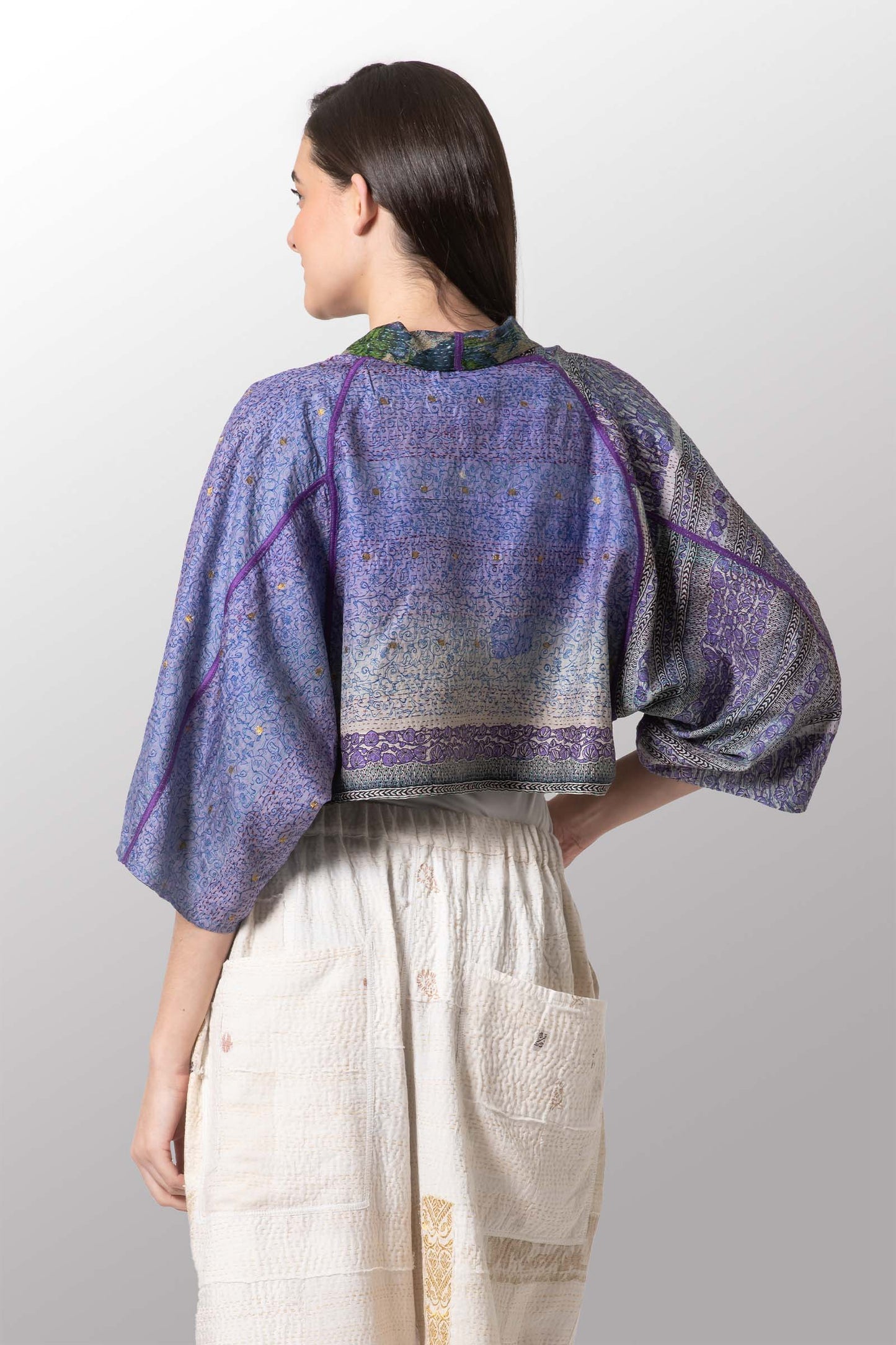 VINTAGE SILK GEORGETTE KANTHA PUFF SLV. SHRUG - sg2062-0007a -