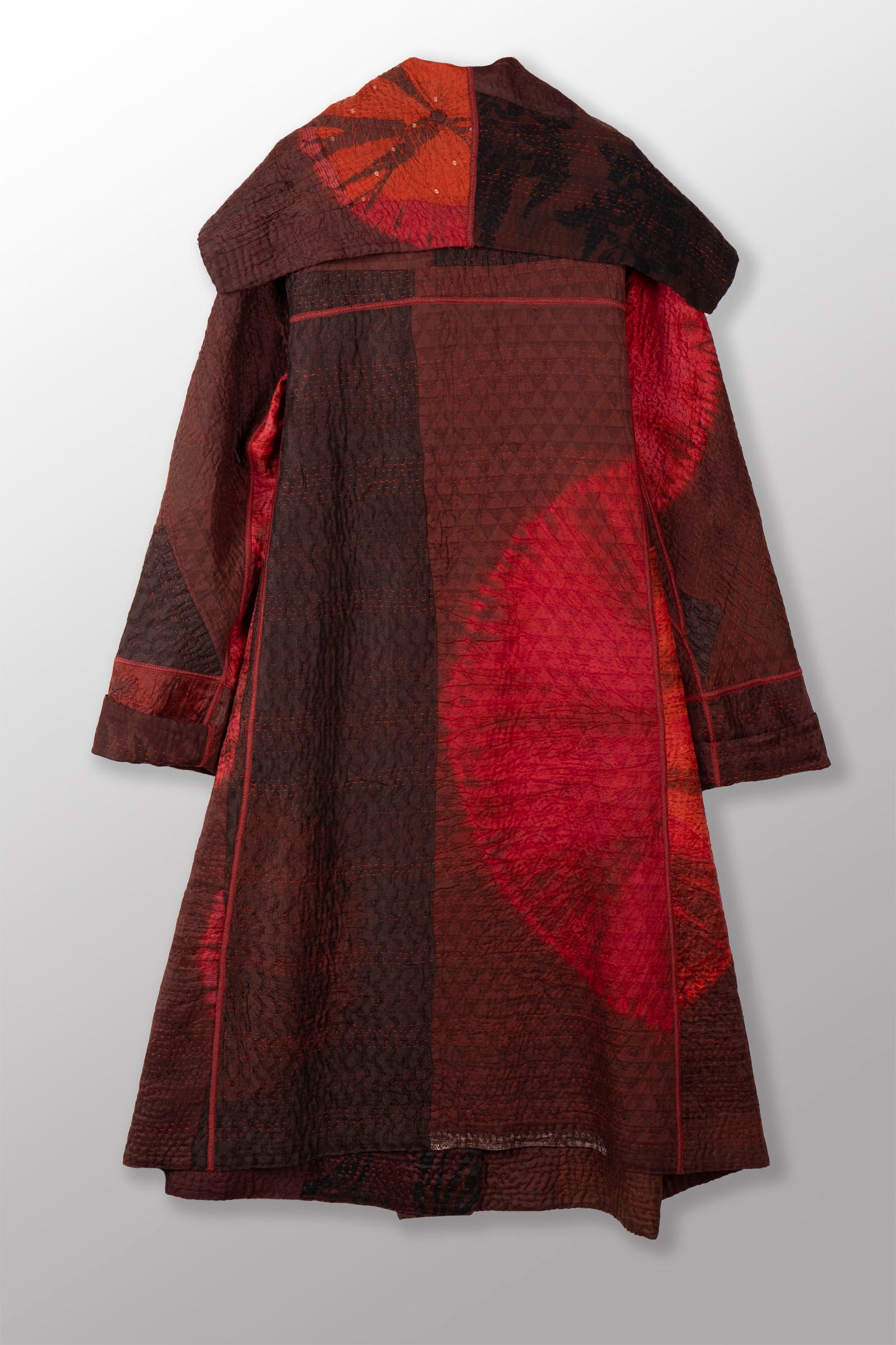 TIE DYE CIRCLE SHIBORI KANTHA A-LINE LONG COAT - td4302-brn -