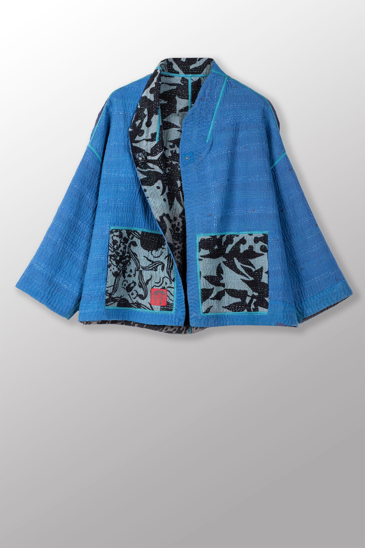 MONOTONE TWILIGHT PRINT KANTHA STAND COLLAR CROPPED JKT - tp4034-blu -