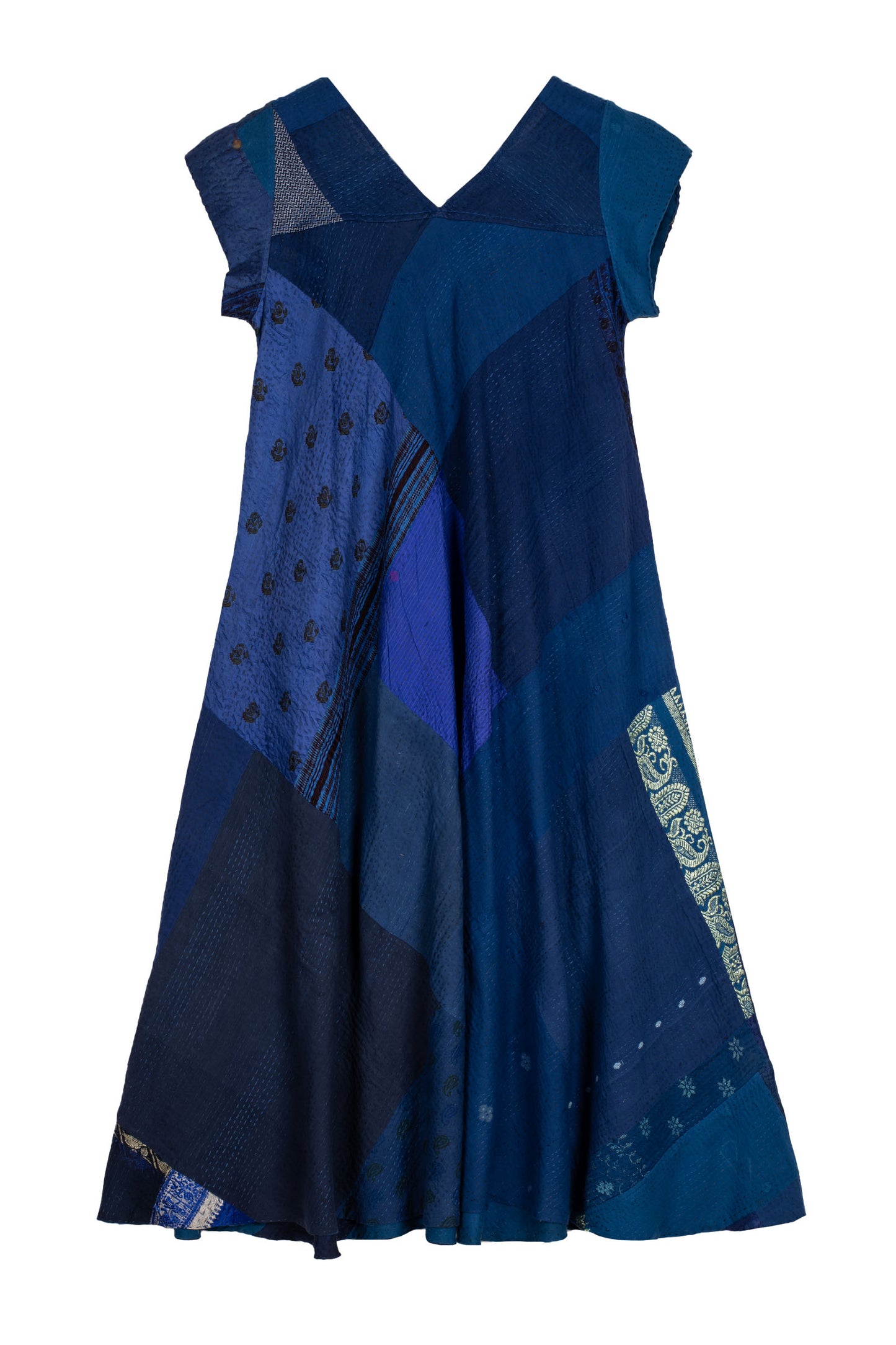 COTTON SILK SW PATCH KANTHA CAP SLV. FLARE DRESS - ws2425-blu -