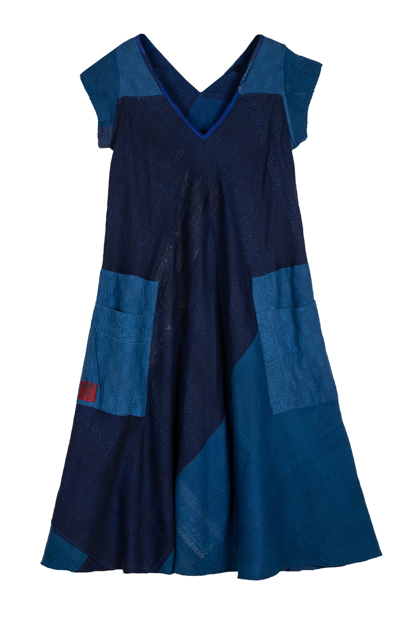 COTTON SILK SW PATCH KANTHA CAP SLV. FLARE DRESS - ws2425-blu -