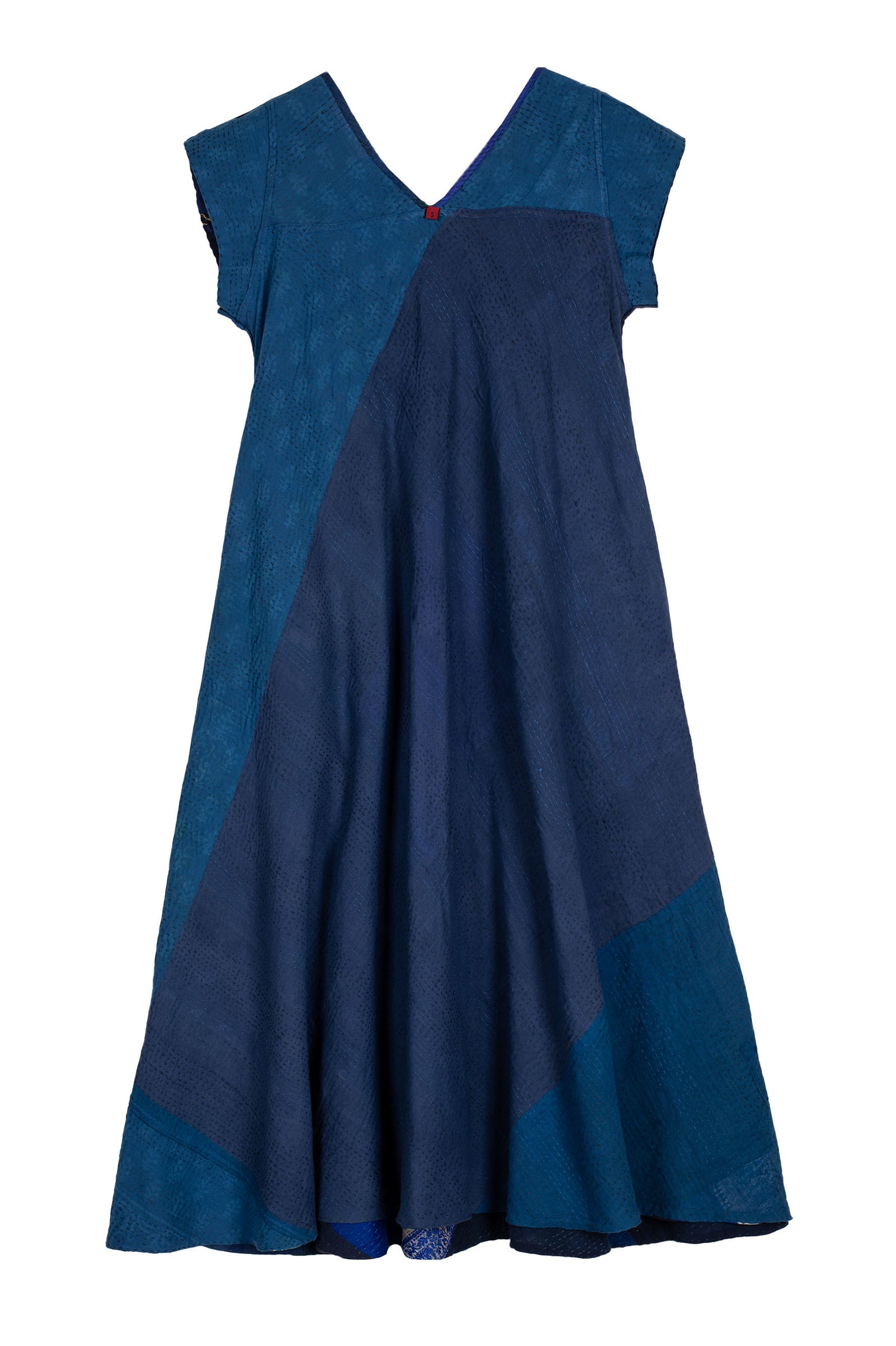 COTTON SILK SW PATCH KANTHA CAP SLV. FLARE DRESS - ws2425-blu -