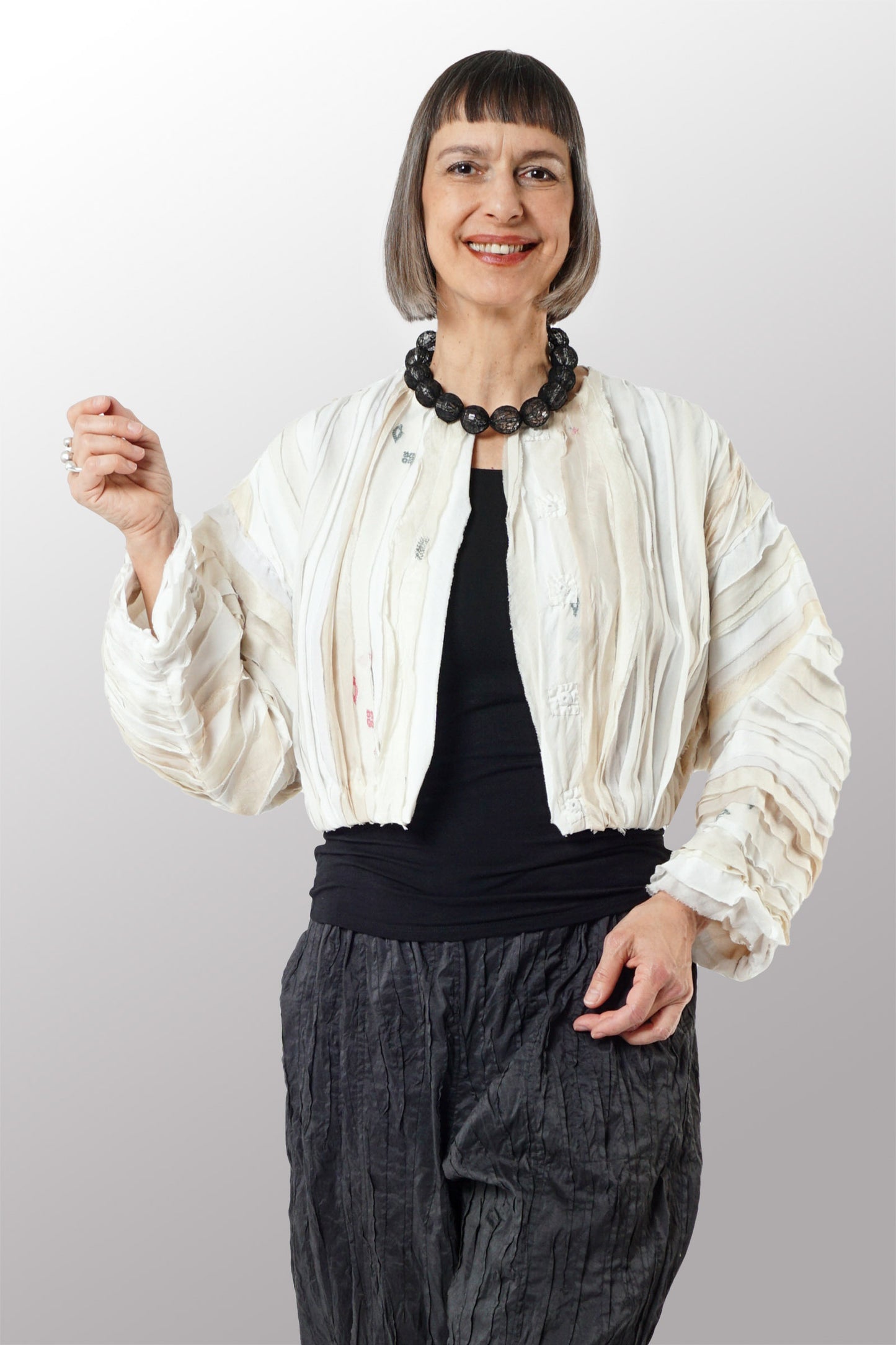 WAVY STRIPE KANTHA CRWE NECK WIDE SLV. JACKET - wv2078-ivy -