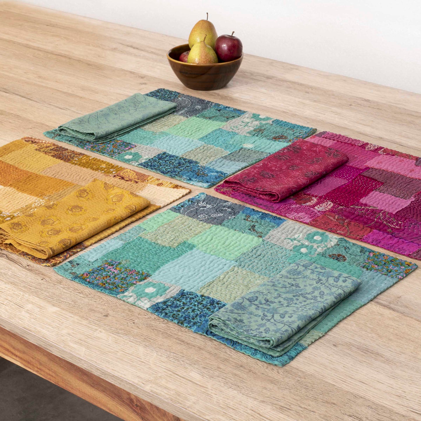 Printed Fray Vintage Cotton Kantha Placemat -Sage (SET OF 2)