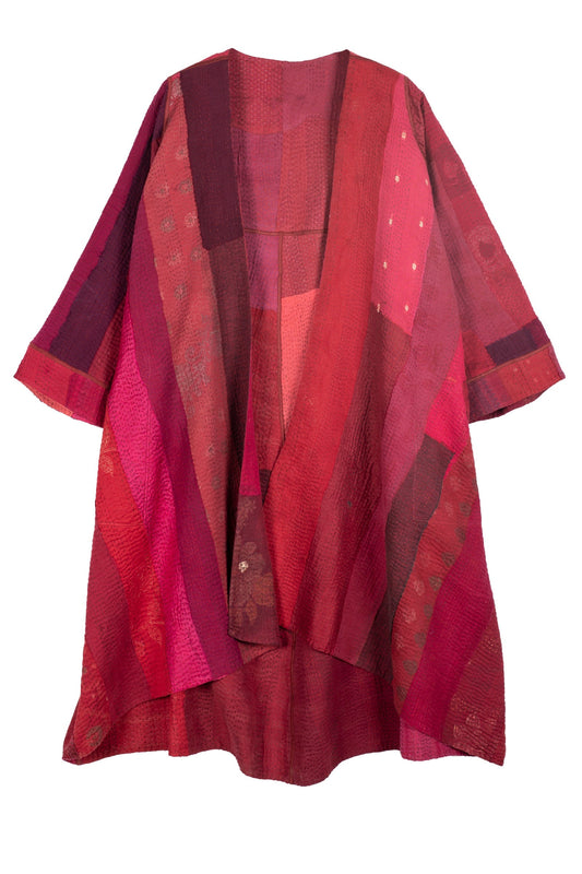 STRIPE AND CHECK COTTON SILK PATCH KANTHA  WRAP FLARE COAT - ss4330-red -