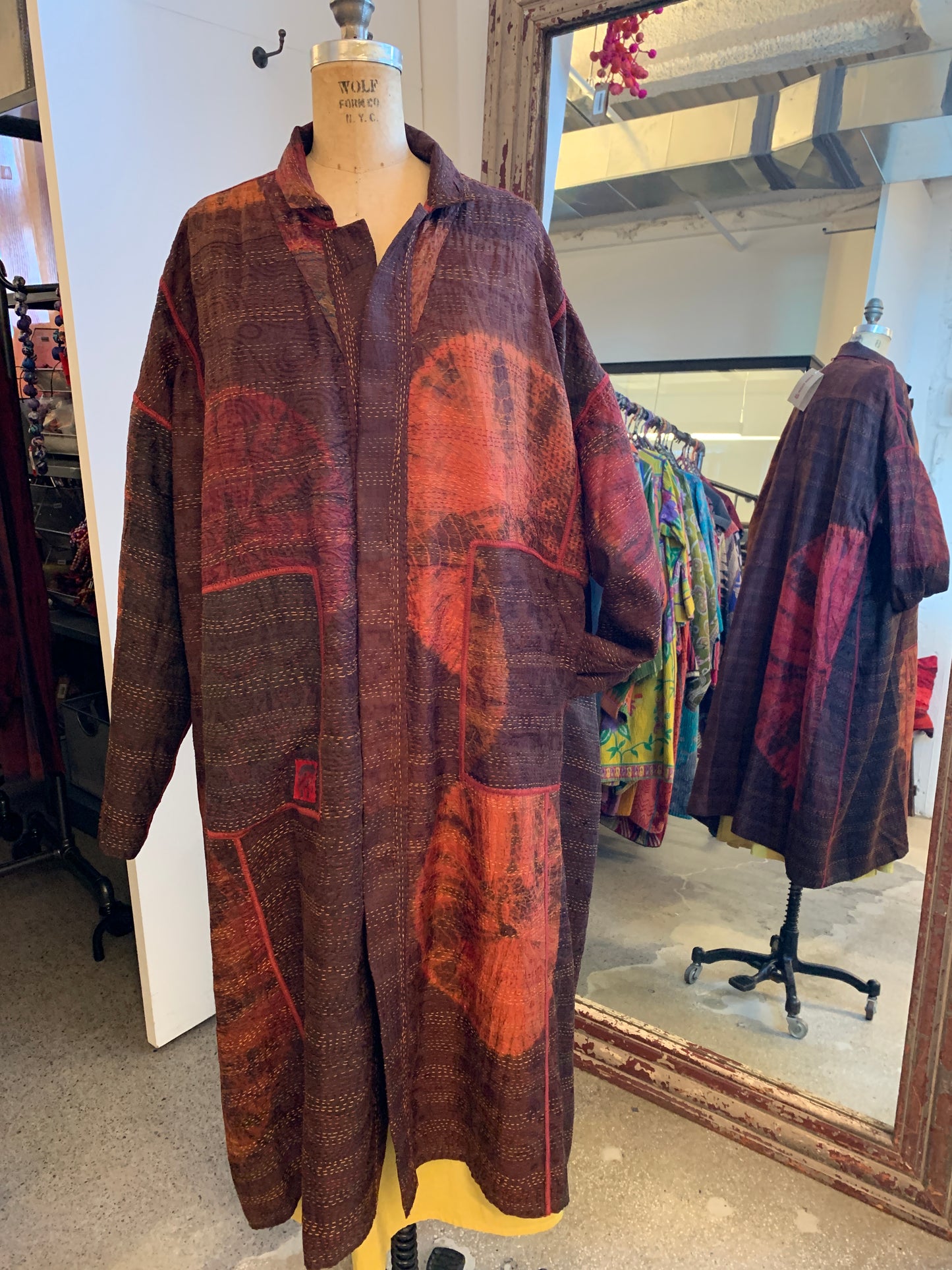 JACQUARD SILK PATCH TIE DYE CIRCLE SHIBORI KANTHA NEW OVERSIZED COAT - wj2342-BRN -