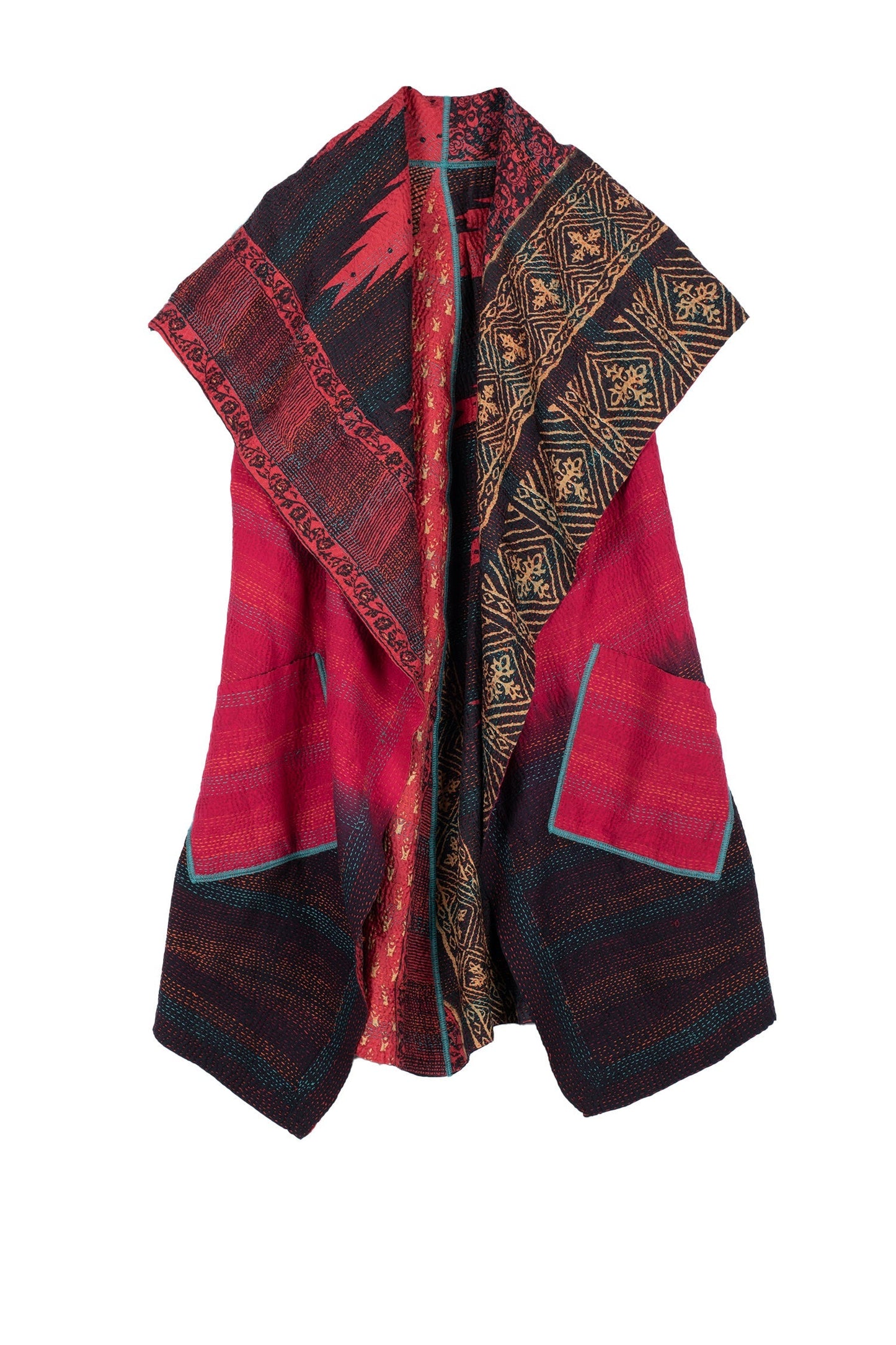 SILK COTTON OMBRE PRINT KANTHA CIRCULAR VEST - os2201-red -