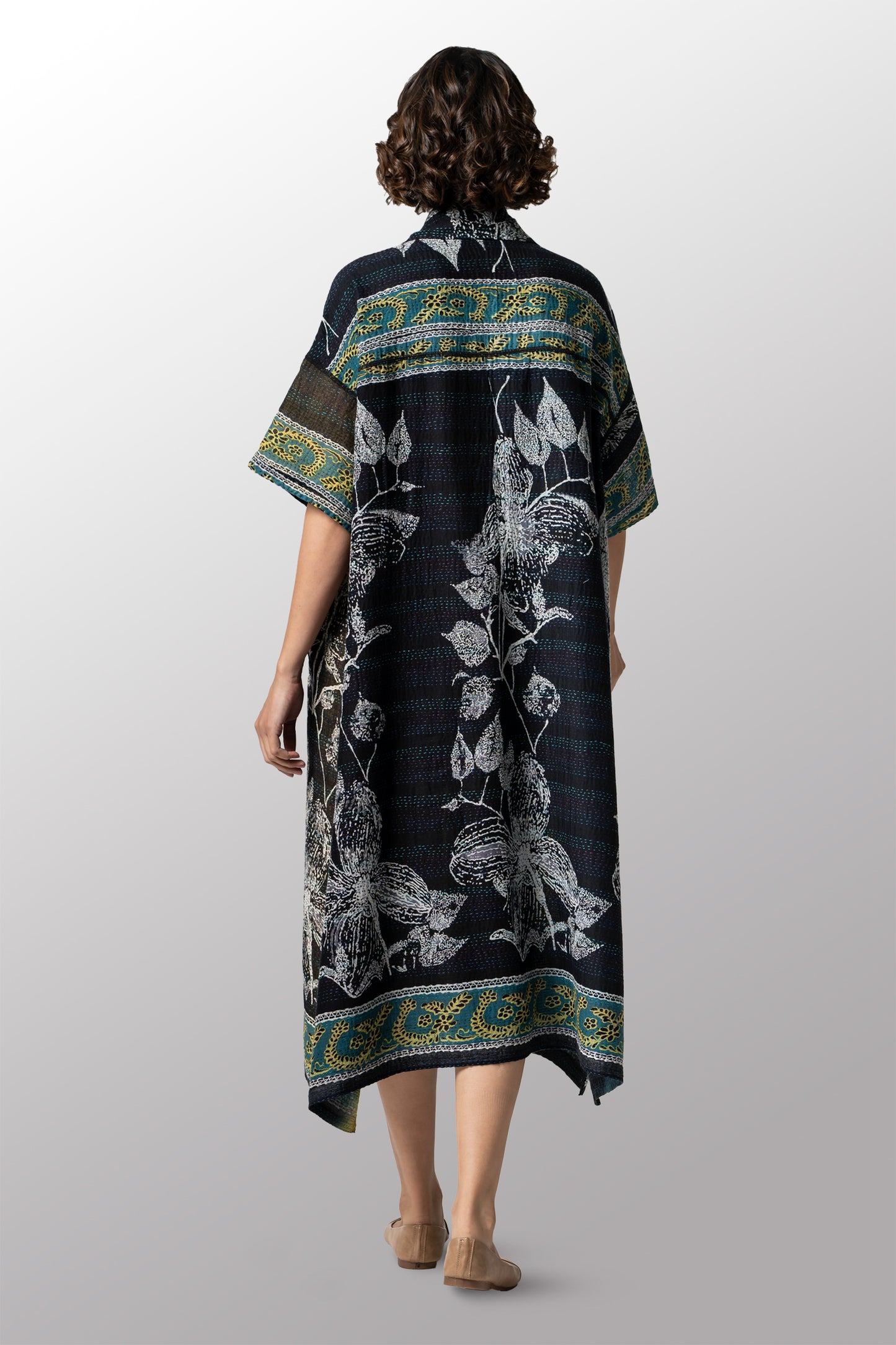 ORGANIC LEAVES KANTHA WING COLLAR DRESS - ol2454-blk -