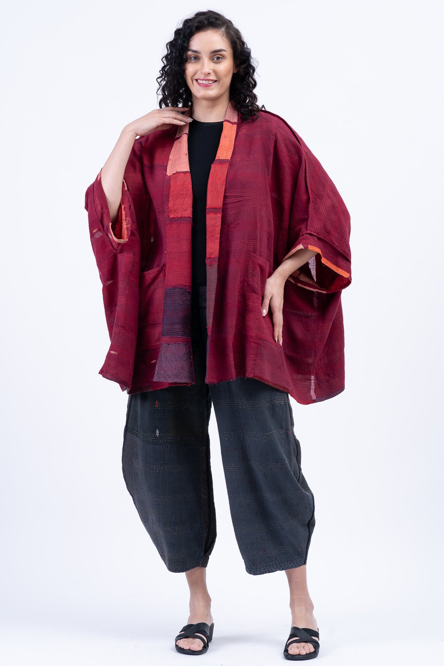 TONAL TILE PATCH KANTHA DOUBLE COLLAR PONCHO - tt2323-red -