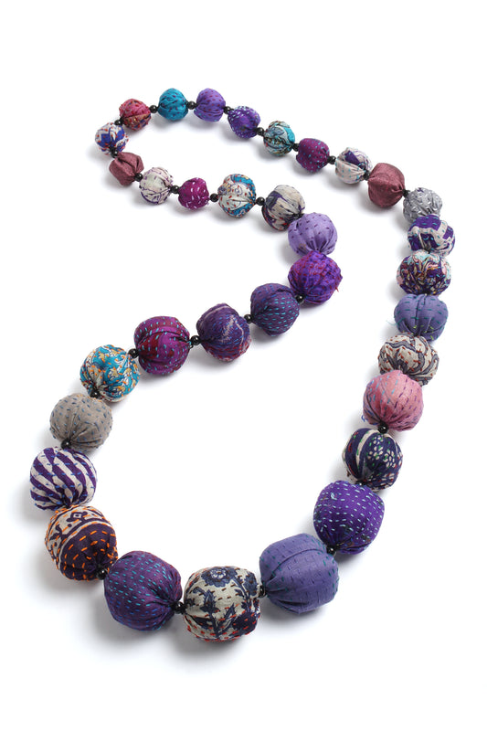 VINTAGE SILK KANTHA NUTS LONG NECKLACE - sv2702-prp -