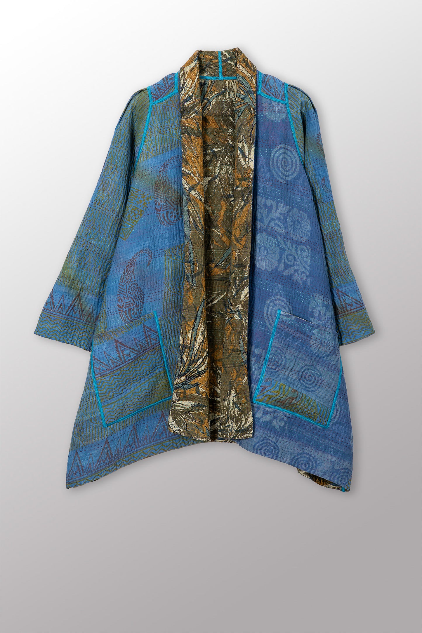 VINTAGE SILK GEORGETTE COTTON KANTHA A-LINE JACKET - gc4003-0004a -