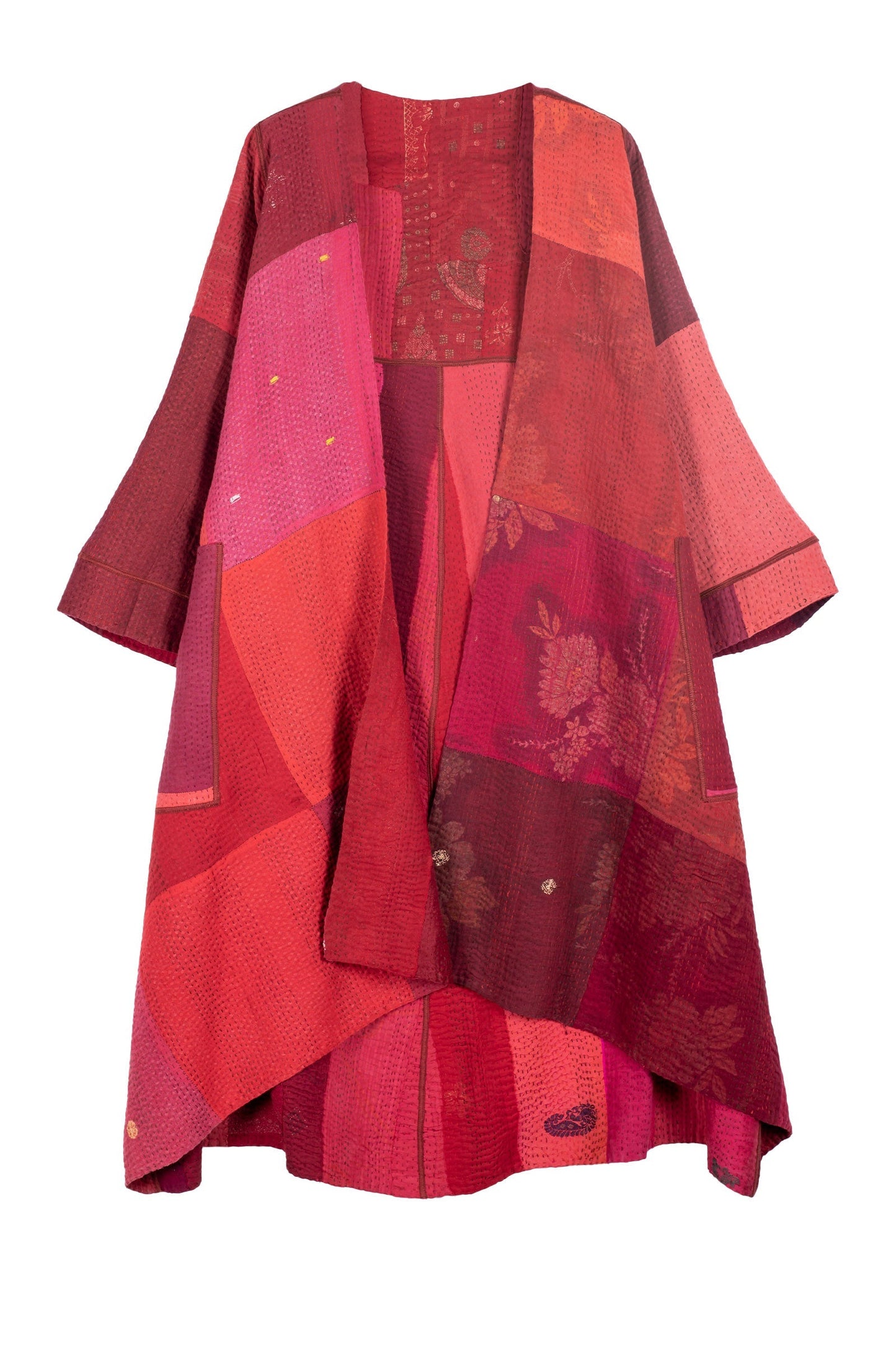 STRIPE AND CHECK COTTON SILK PATCH KANTHA  WRAP FLARE COAT - ss4330-red -