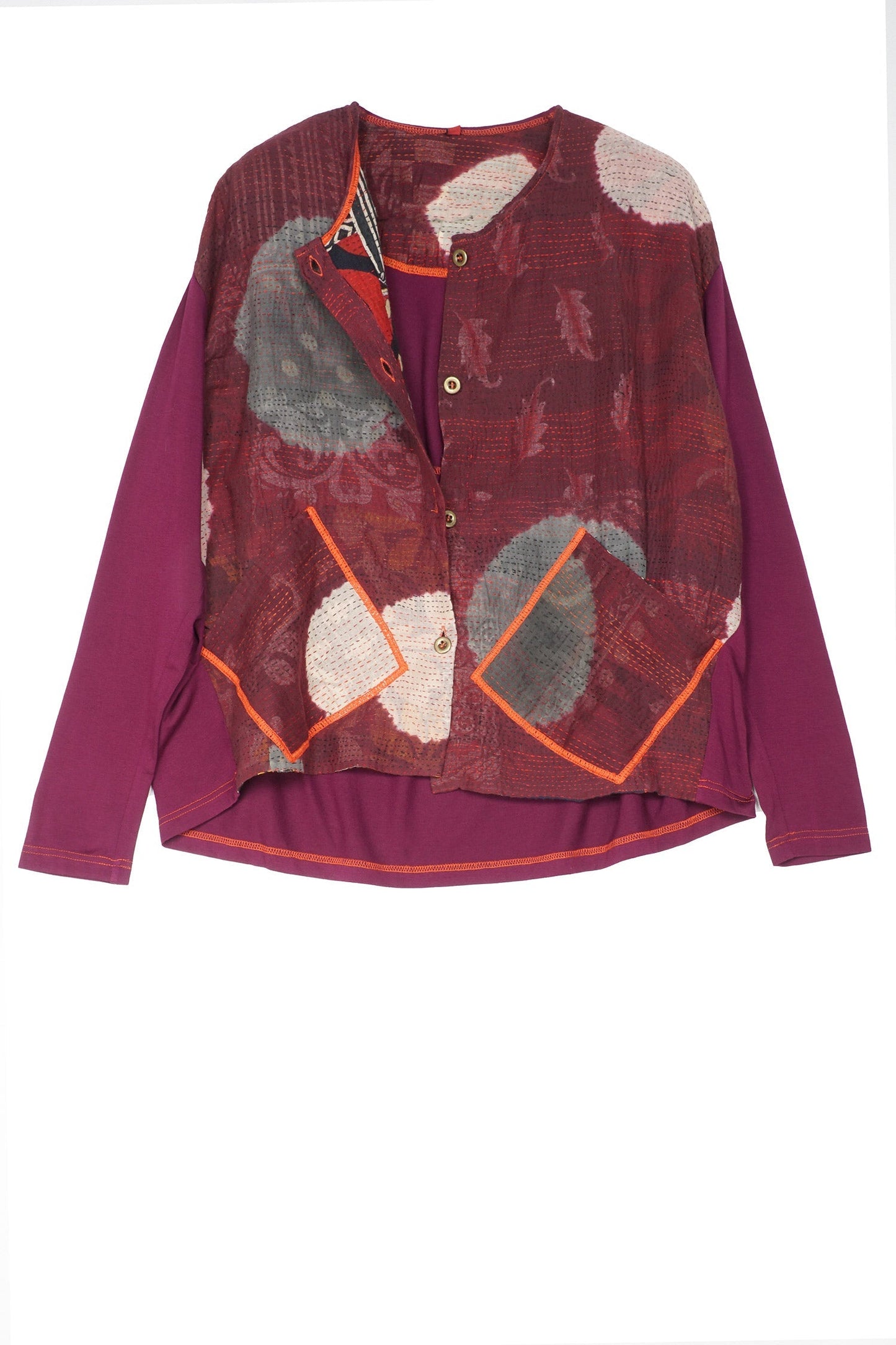 PATCH & CIRCLE PRINT KANTHA AND KNIT SHORT JKT - pc2029-red -