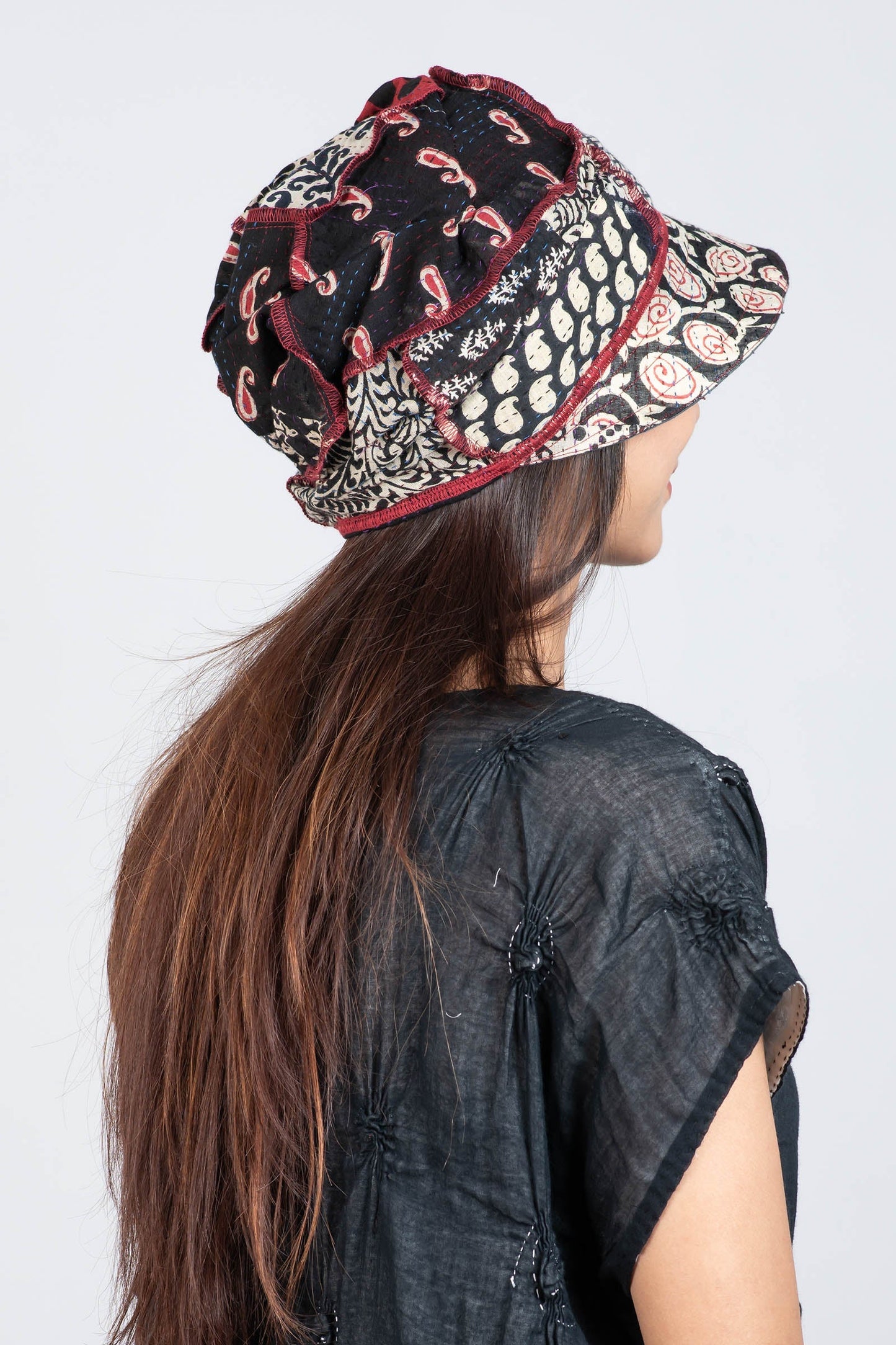 PATCH & CIRCLE PRINT KANTHA HALF BRIM HAT - pc2881-blk -