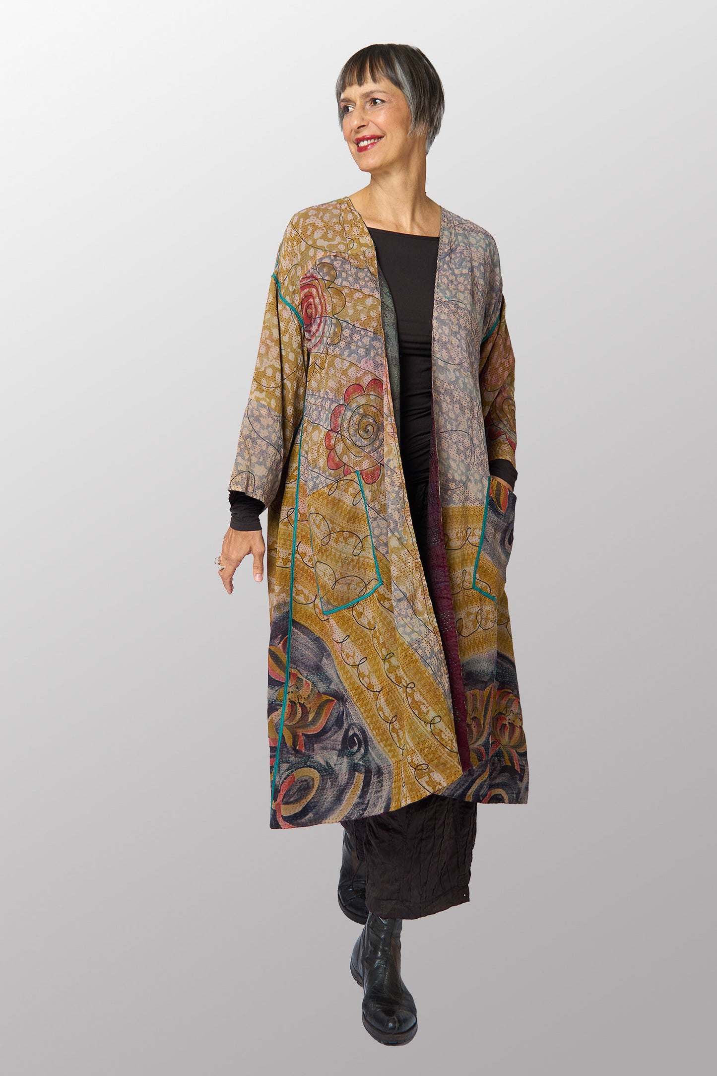 GEORGETTE JACQUARD VINTAGE SILK PATCH KANTHA LONG DUSTER - gj2328-0001a -