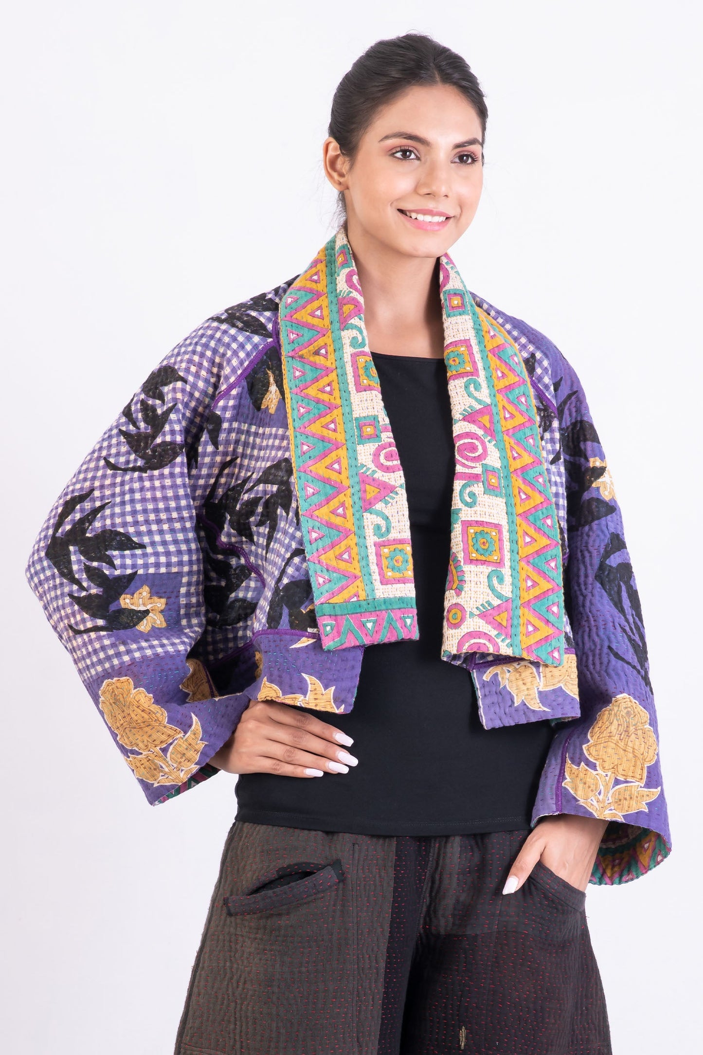 VINTAGE COTTON KANTHA DOLMAN SHORT JKT - cv4015-0024l -