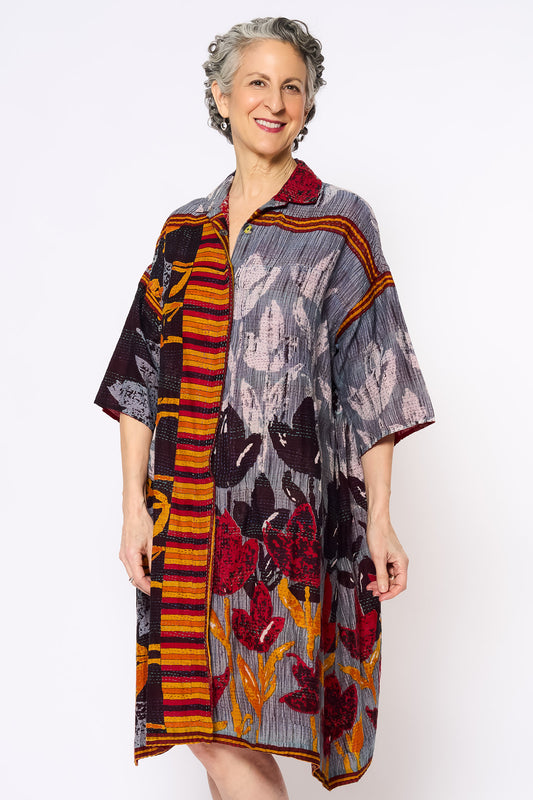 VINTAGE COTTON KANTHA 3/4 SLV. SHIRT DRESS - cv2459-0002m -