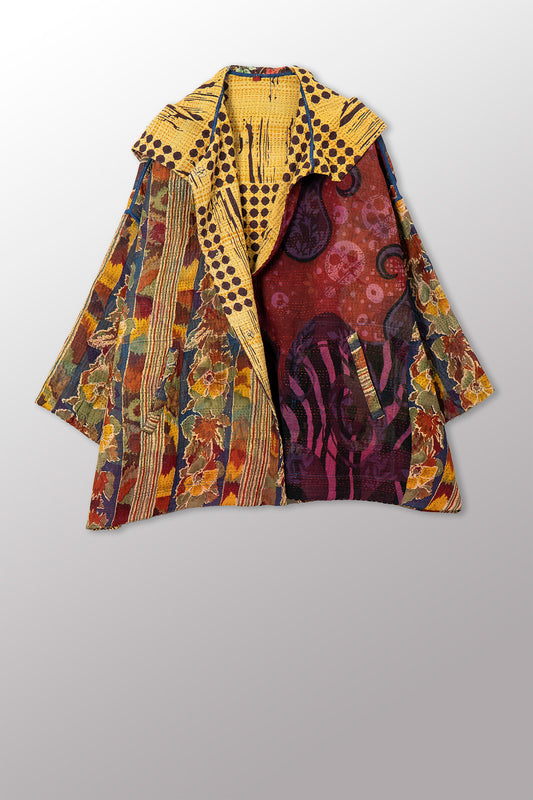 VINTAGE SILK GEORGETTE COTTON KANTHA HOODIE PONCHO - gc4064-0002a -