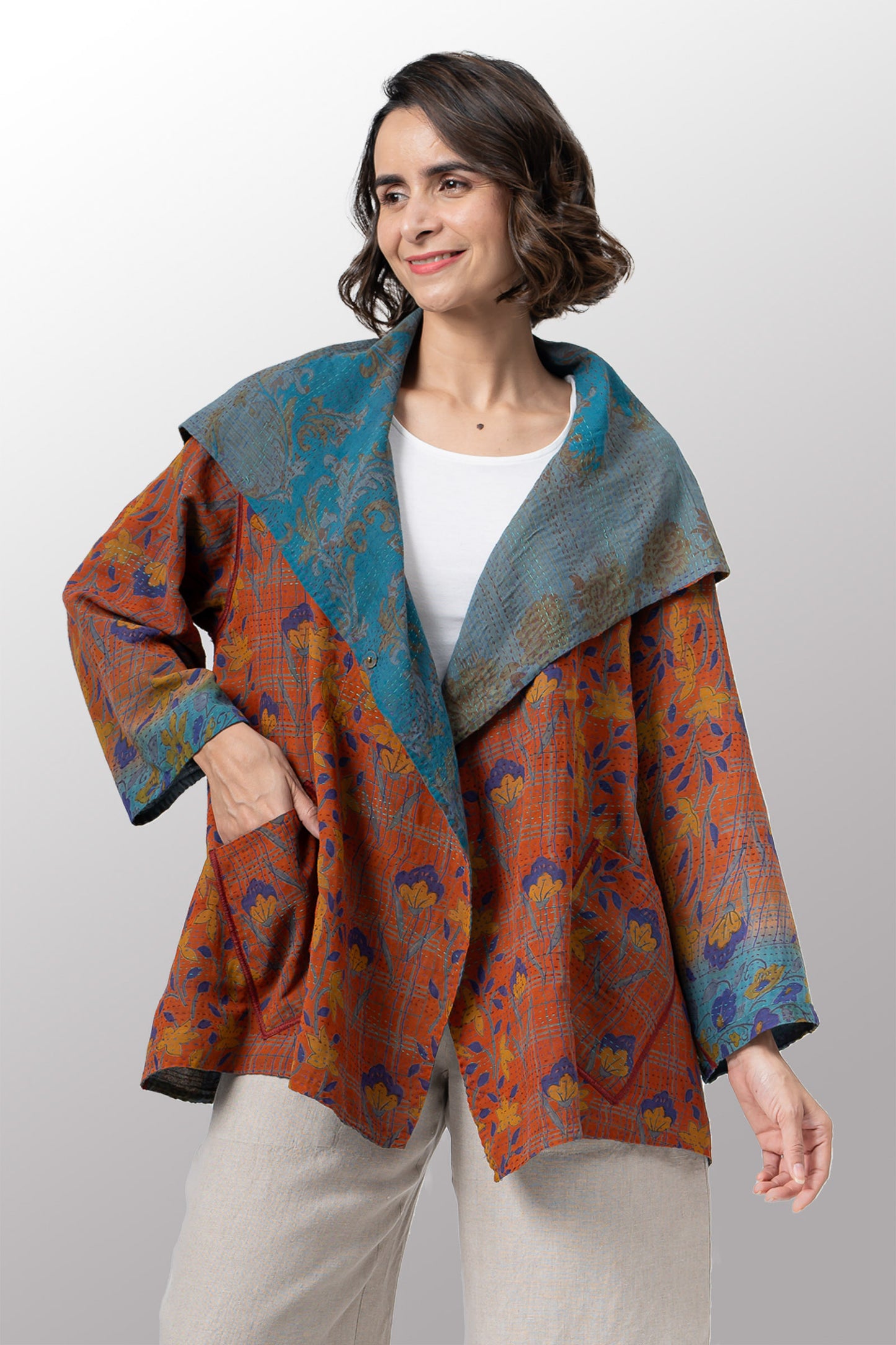 VINTAGE SILK GEORGETTE COTTON KANTHA FLARE JKT - gc2010-0016a -