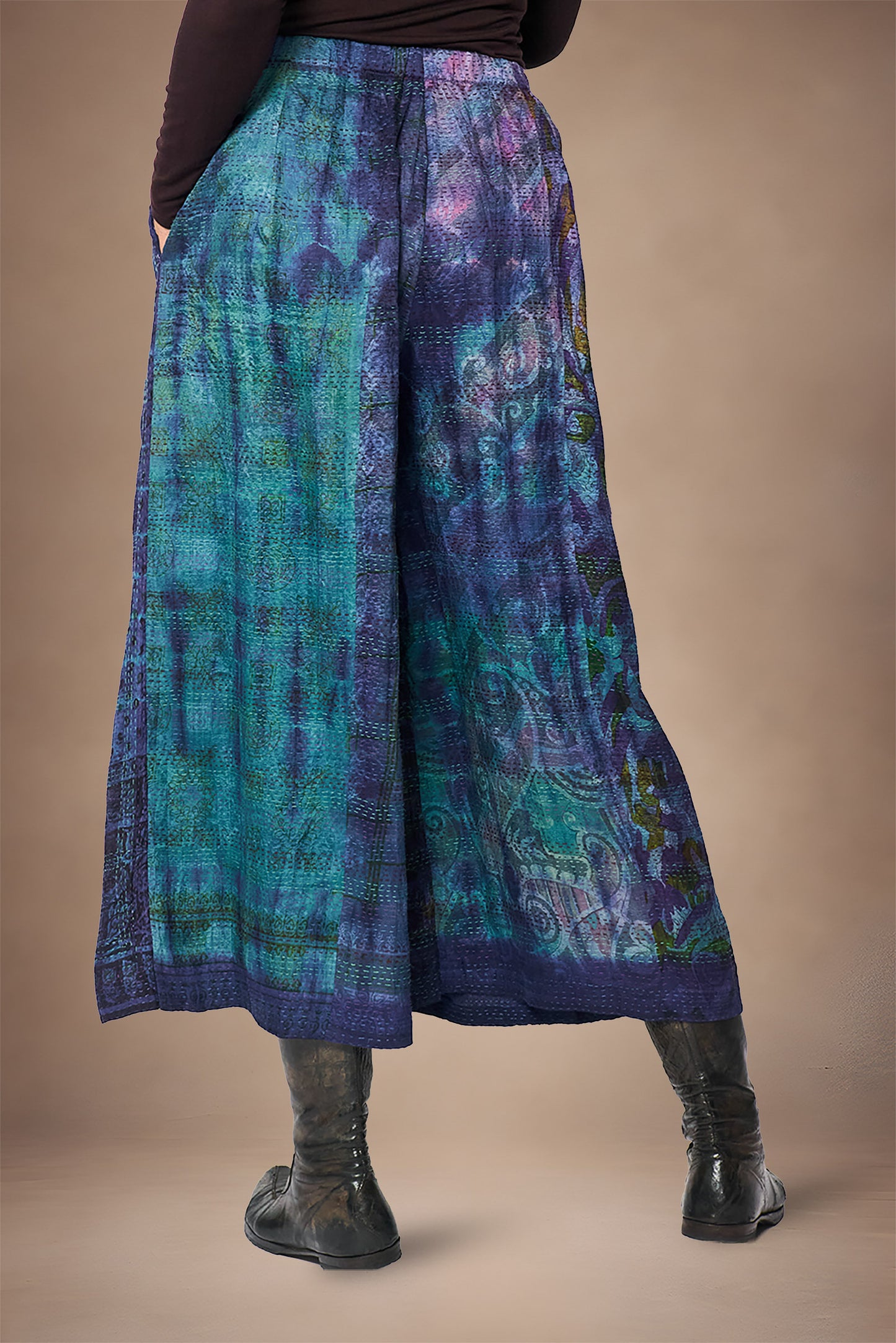 TIE DYE VINTAGE SILK KANTHA WIDE LEG LANTERN PANTS - st-sv2646-nvy -