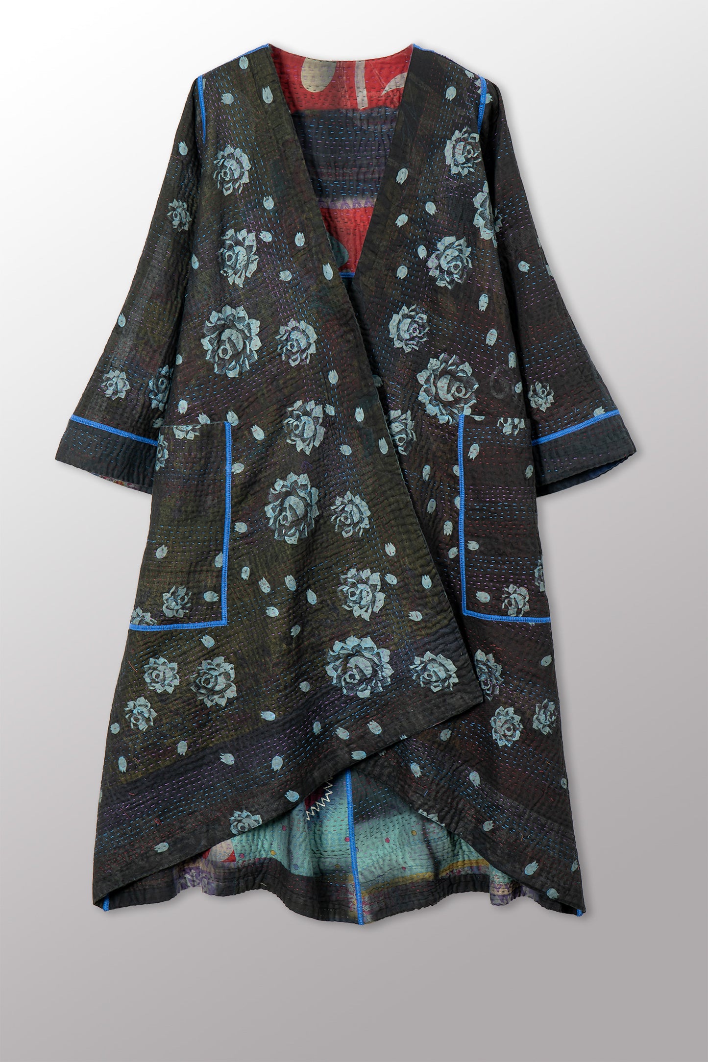 VINTAGE COTTON GREY CLAMP TIE DYE KANTHA WRAP FLARE COAT - su4330-0002a -