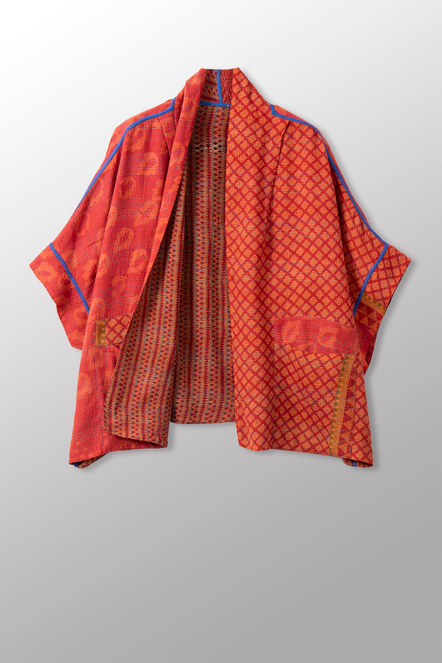 VINTAGE SILK GEORGETTE COTTON KANTHA MINI PONCHO - gc2060-0004a -