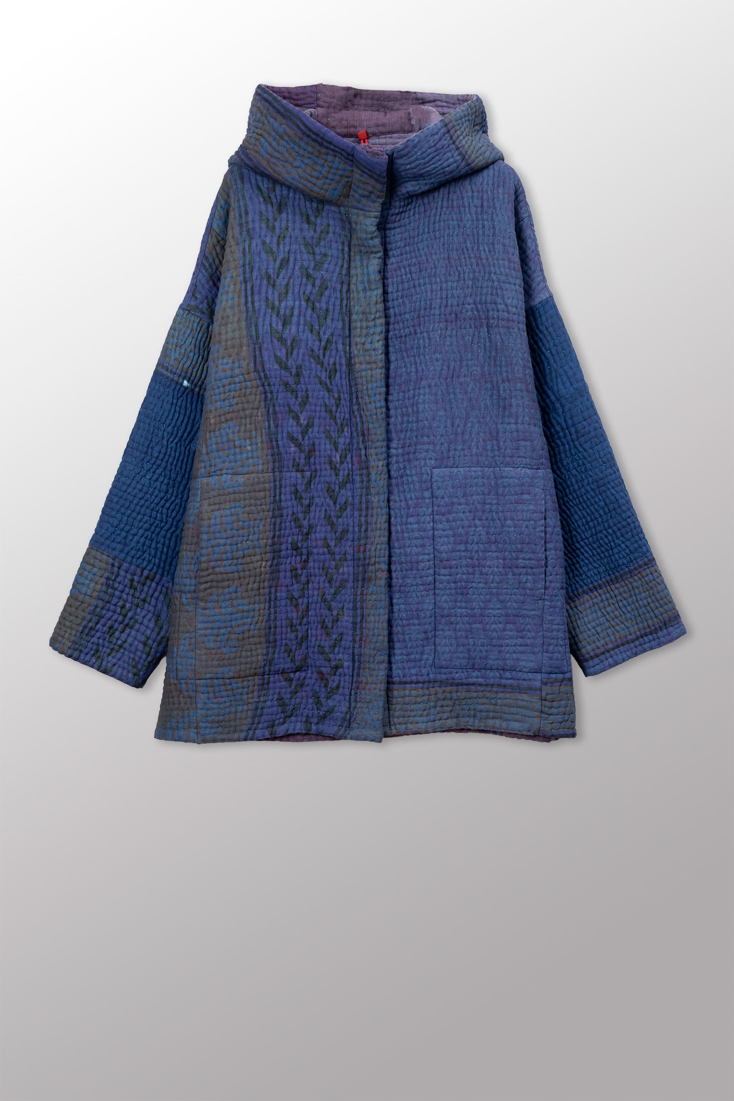 QUILTED OVERDYE COTTON KANTHA HOODED COCOON JACKET (086) - oq5086-cblu001a -