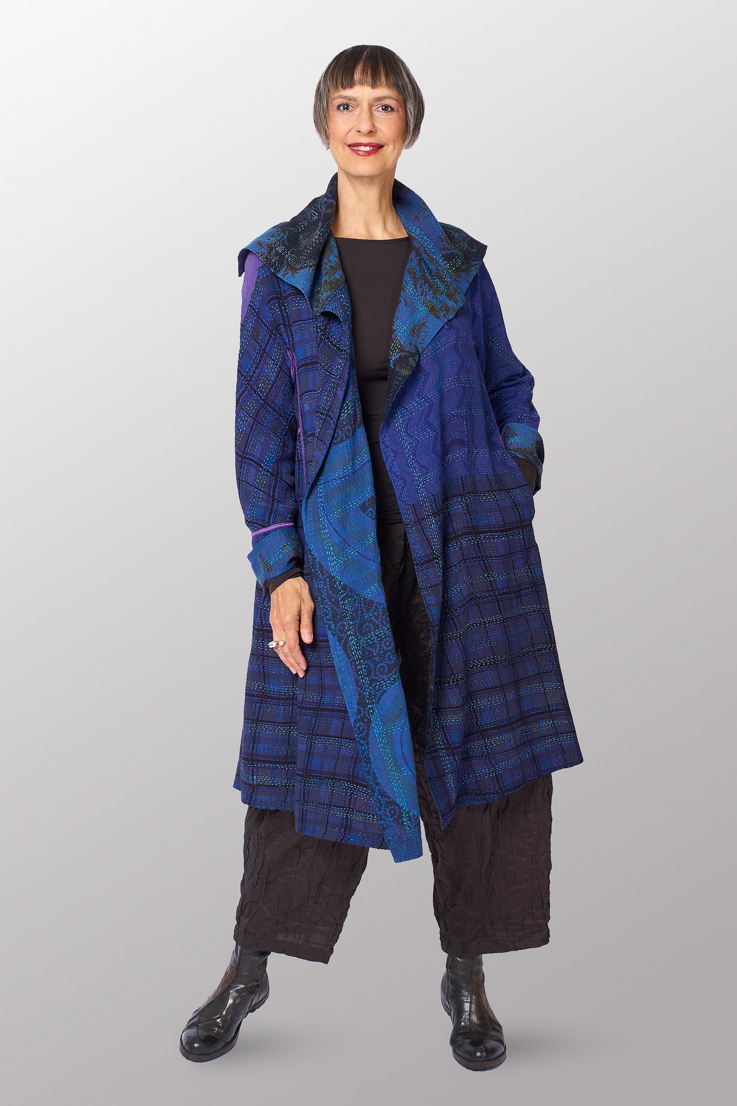 VINTAGE SILK GEORGETTE COTTON KANTHA A-LINE COAT - gc2309-0002a -