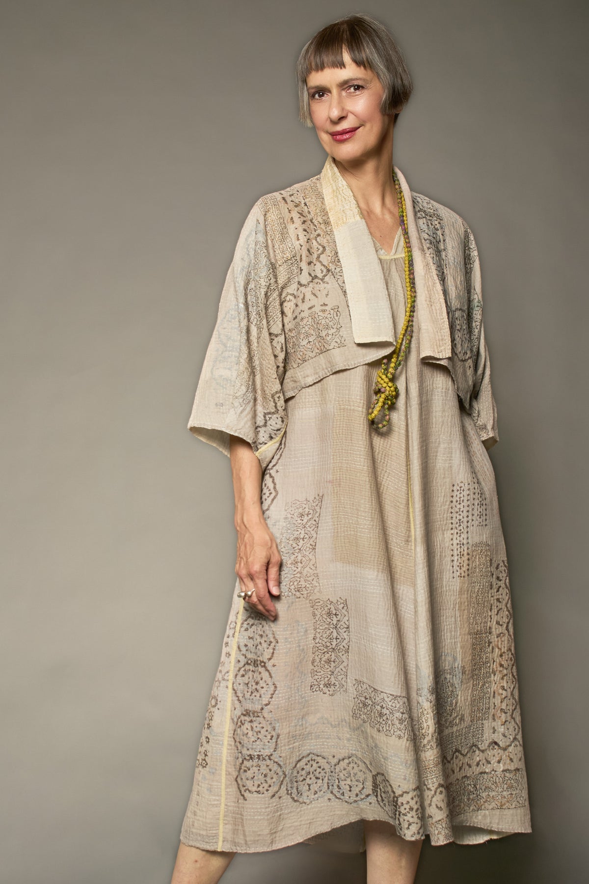 MOSAIC FRAY PATCH KANTHA V-NECK FRENCH SLV. DRESS - zb2467-ivy -