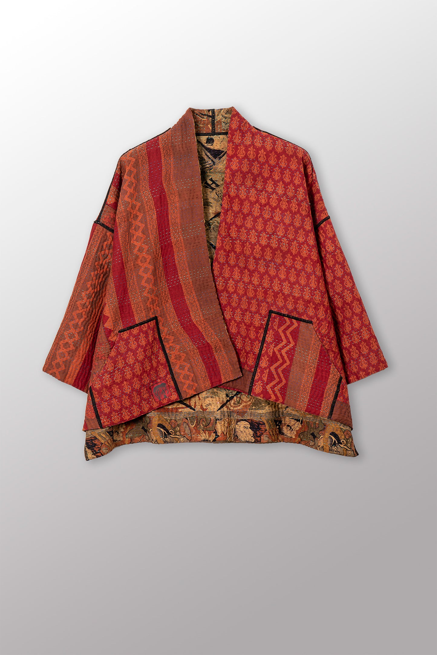VINTAGE SILK GEORGETTE COTTON KANTHA MINI KIMONO JACKET - gc4055-0002a -