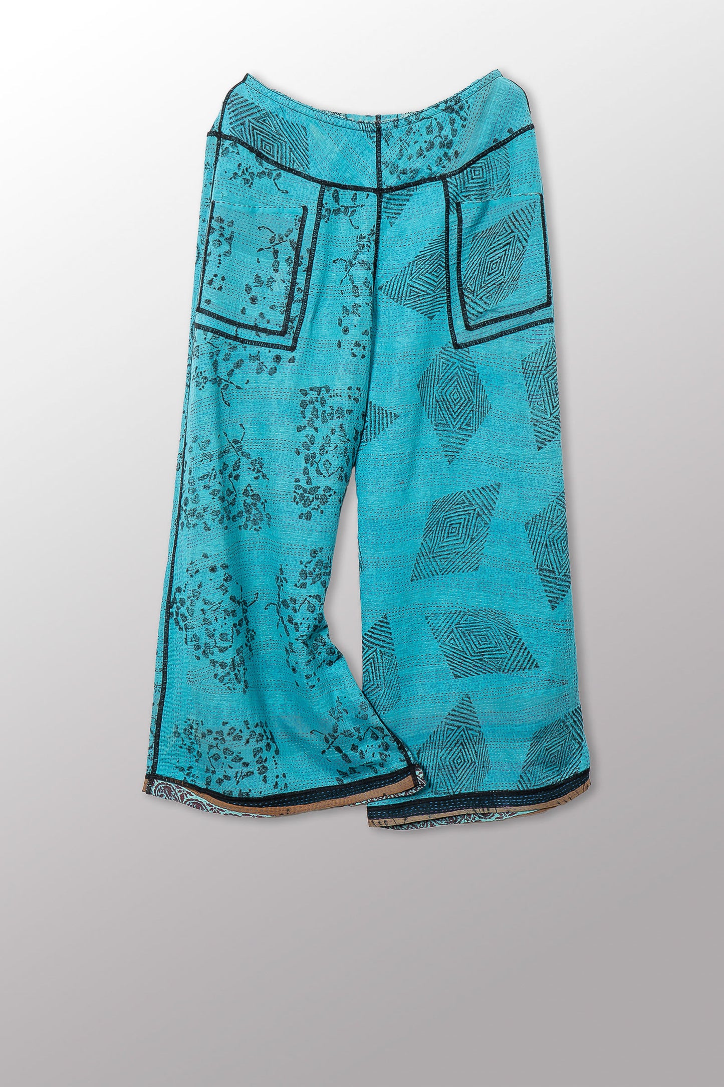 VINTAGE COTTON & NEW VOILE KANTHA MID RISE WIDE LEG PANTS - cn2665-0001m -