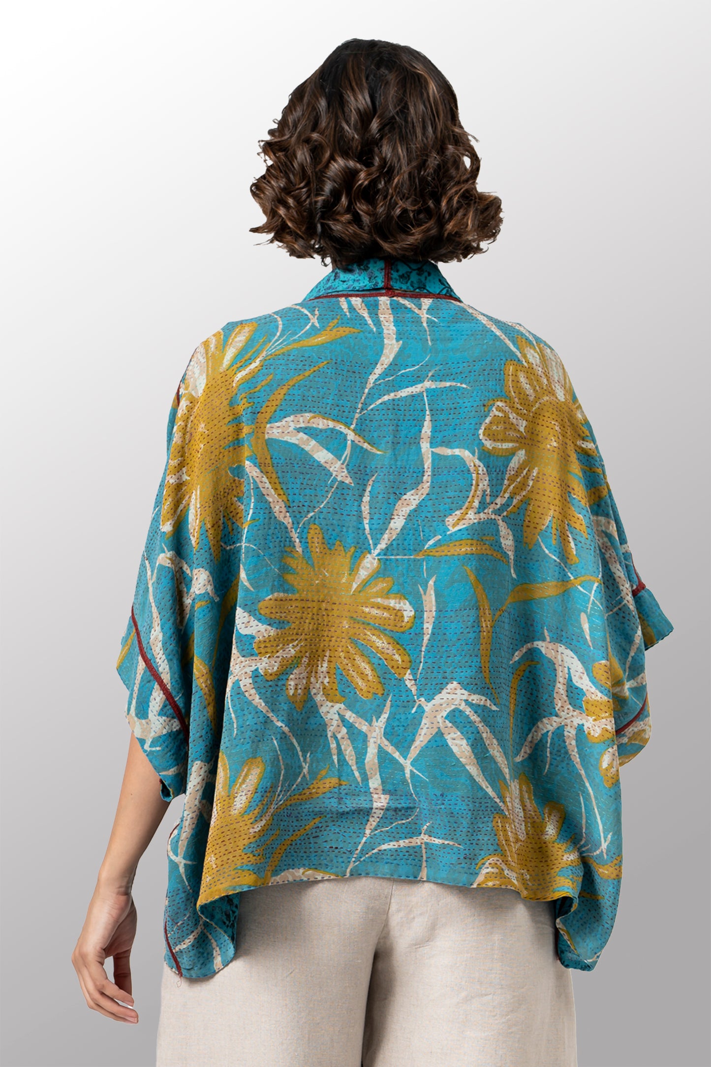 VINTAGE SILK GEORGETTE COTTON KANTHA MINI PONCHO - gc2060-0001a -