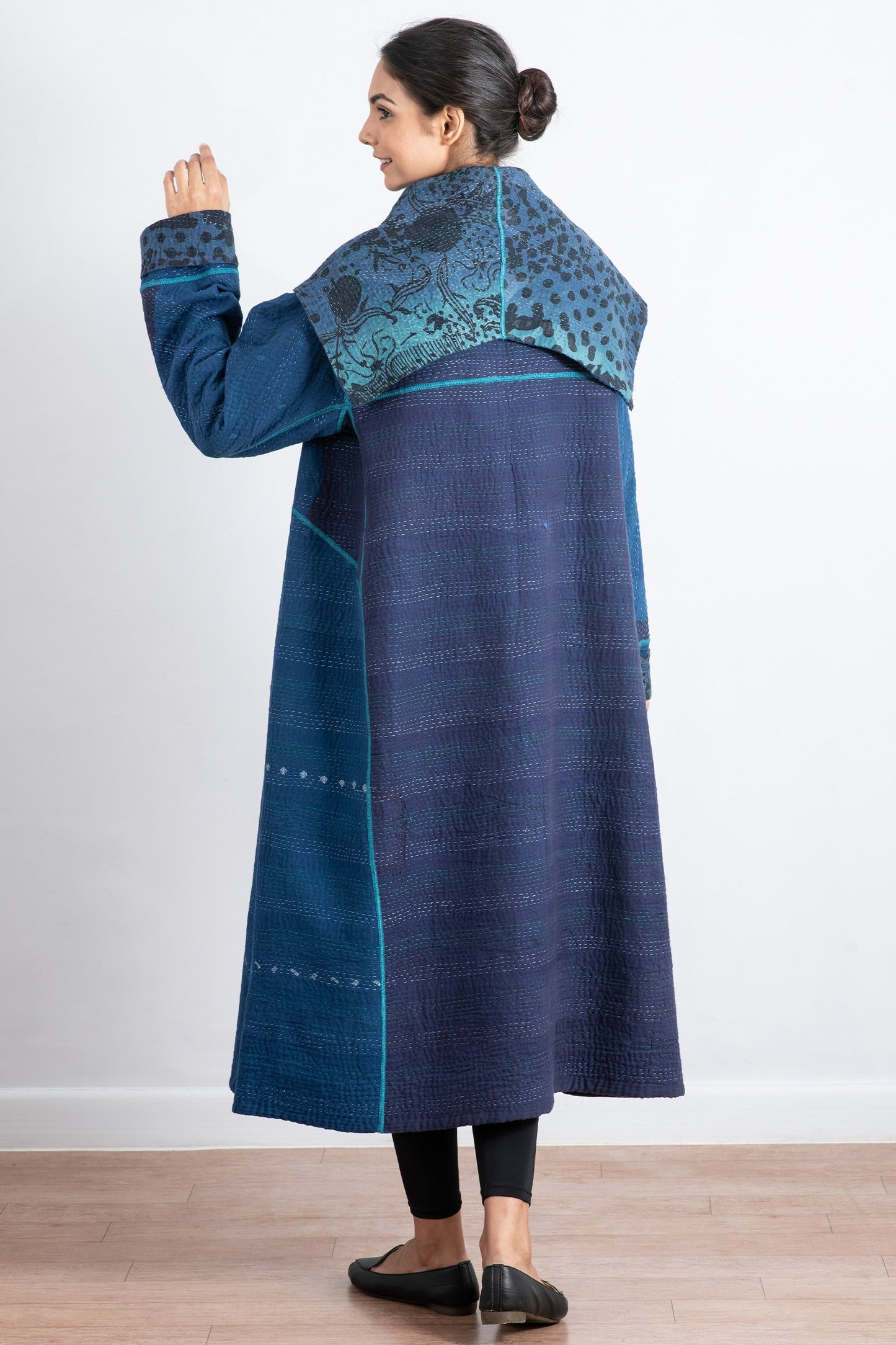 MONOTONE TWILIGHT PRINT KANTHA A-LINE LONG COAT - tp4302-blu -