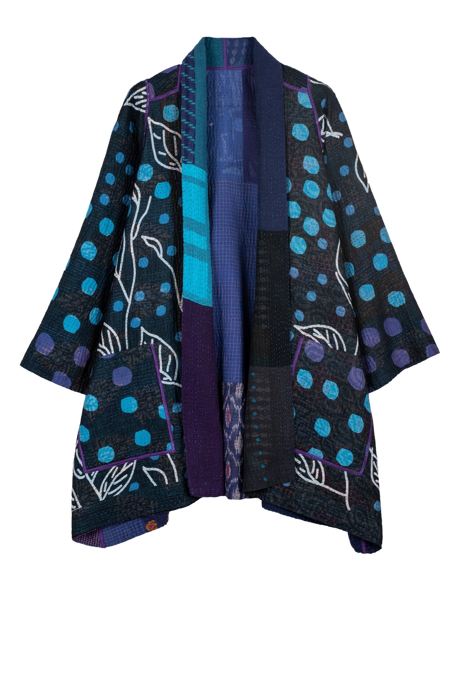 POLKA DOTS & LEAVES KANTHA A-LINE JACKET - dl4003-blu -